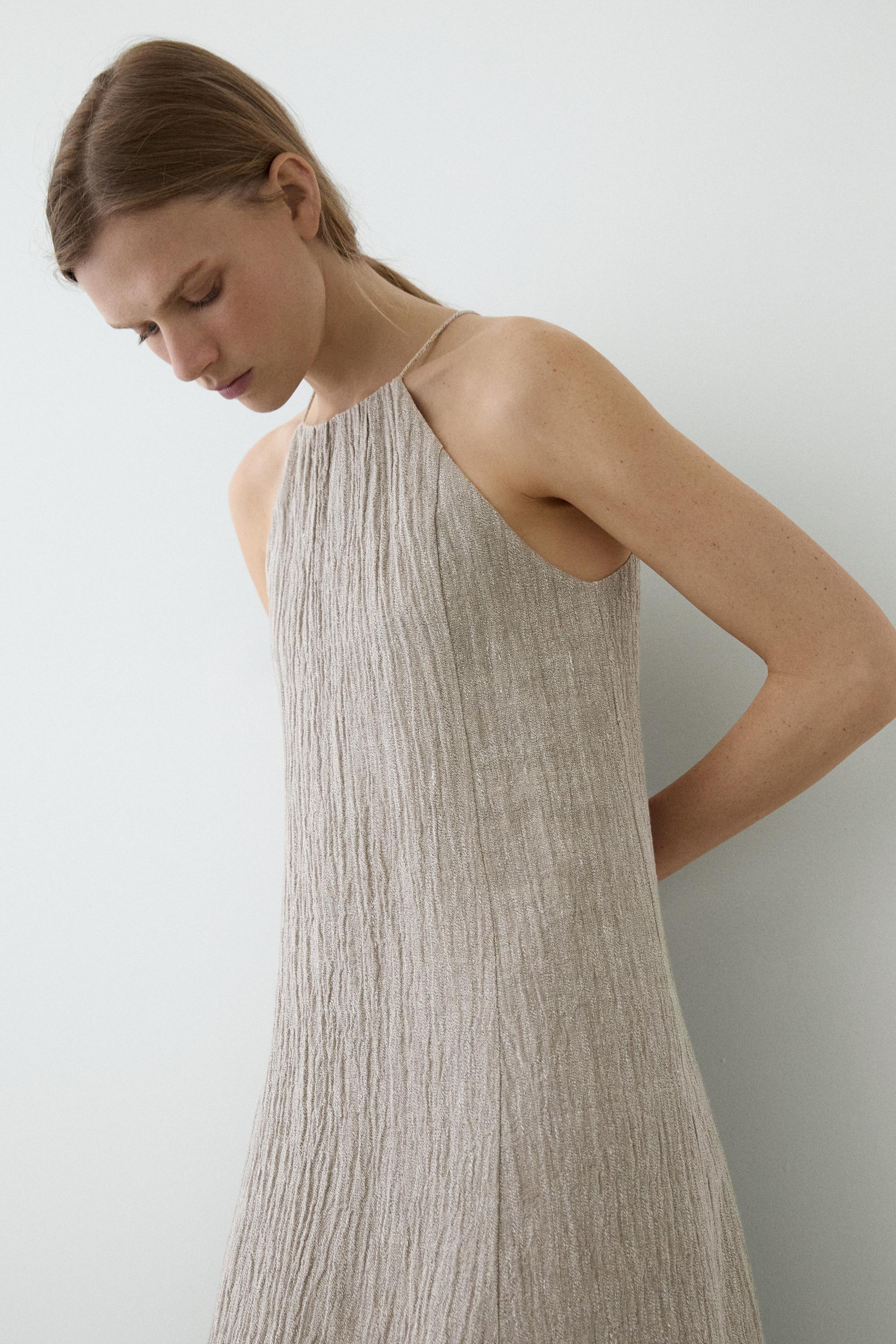 Flowing linen blend dress with gathered neckline — GREY