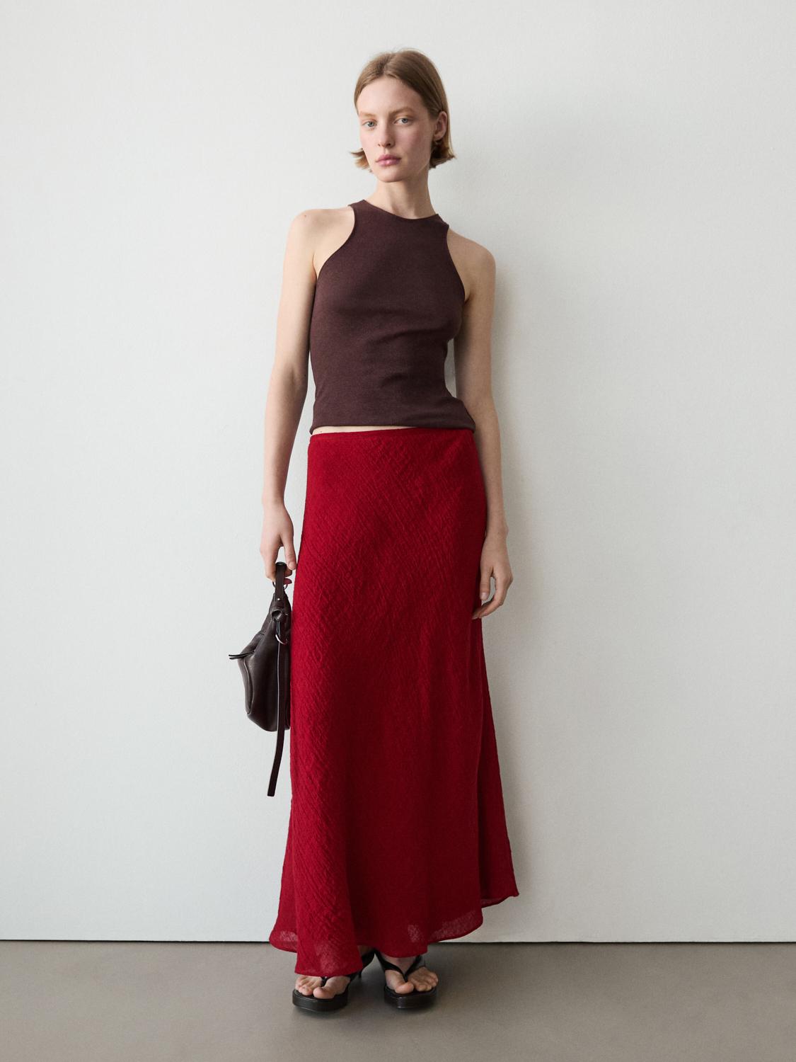 100% linen flounce midi skirt — RED