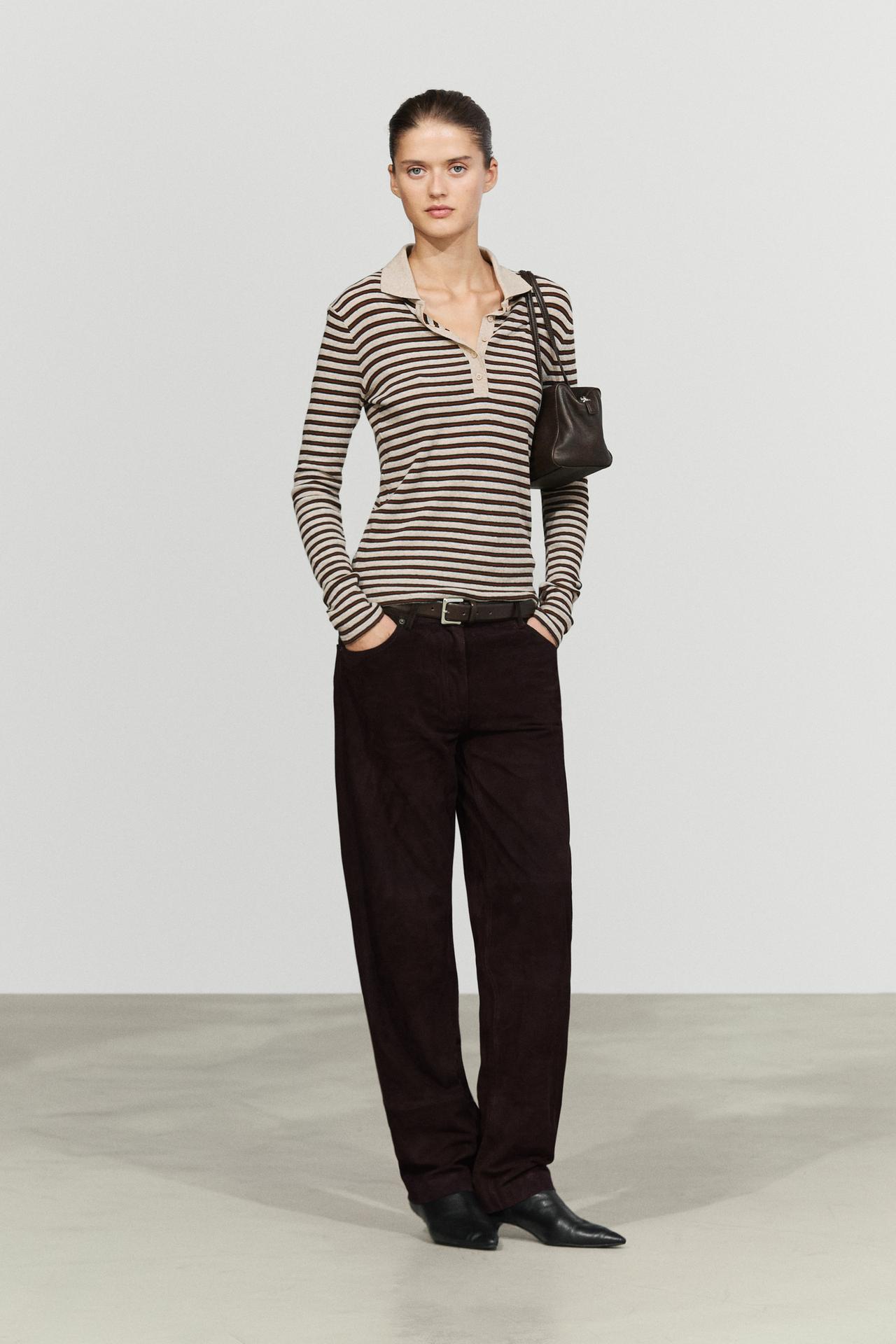 Long sleeve striped wool-blend polo — MINK