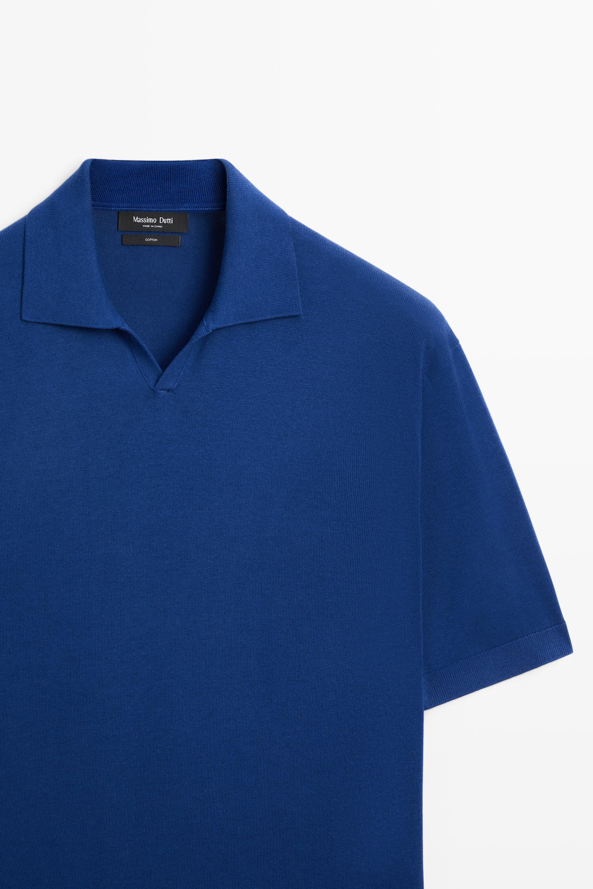 100% cotton V-neck knit polo — Electric blue