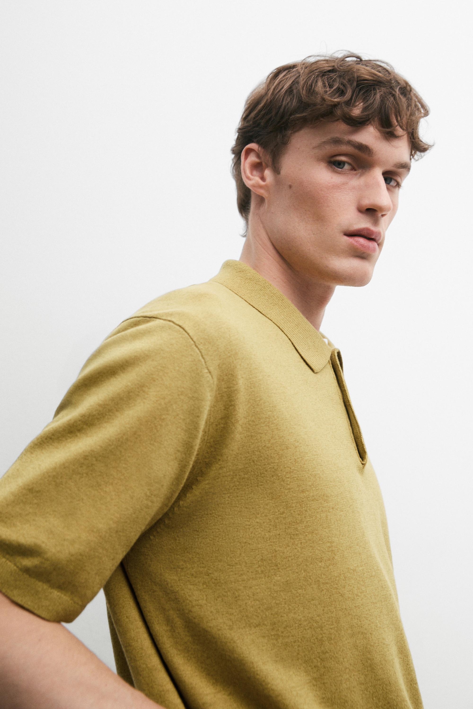 Short sleeve cotton and linen knit polo shirt — OIL