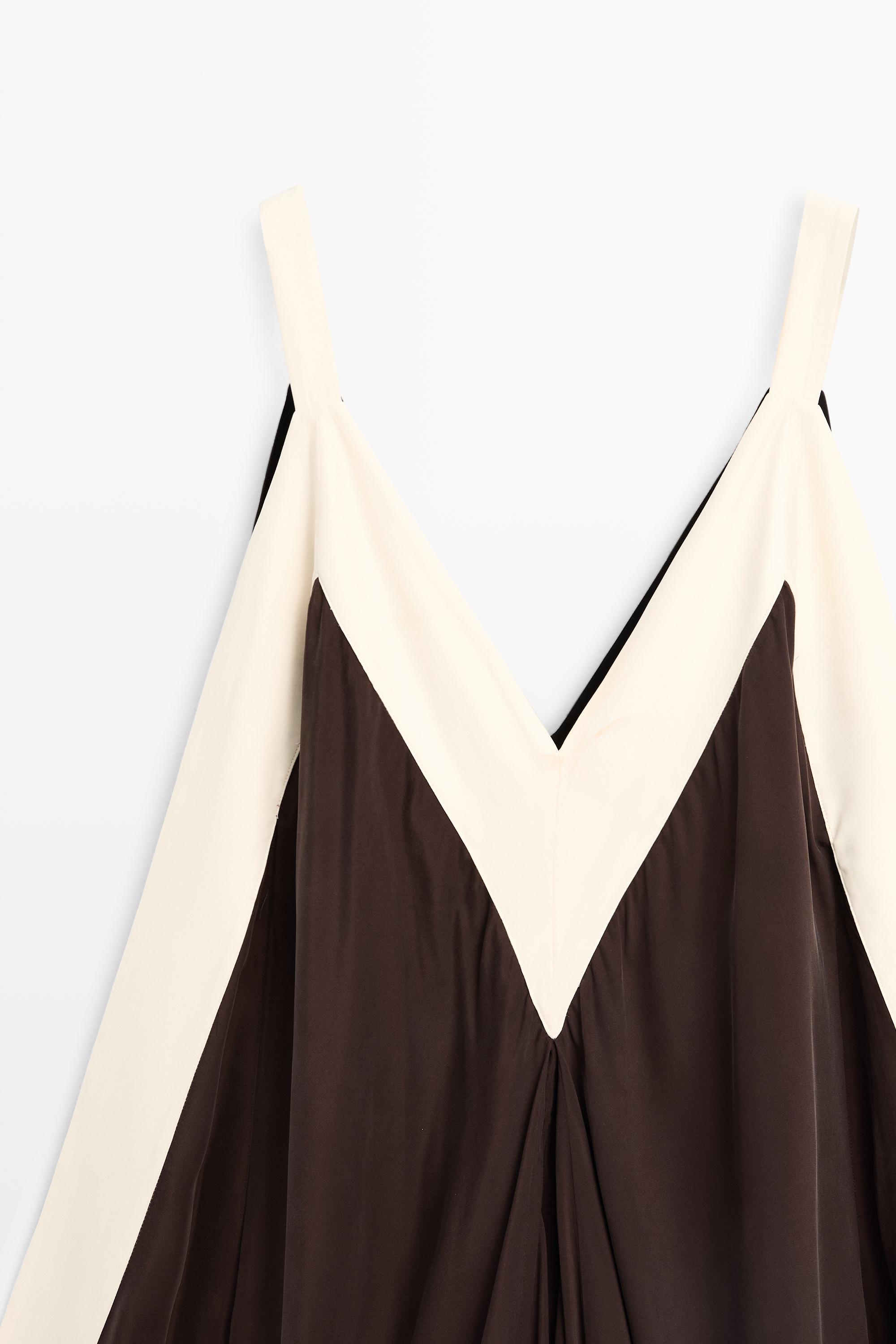 Flowing midi dress with contrast trim detail — BROWN