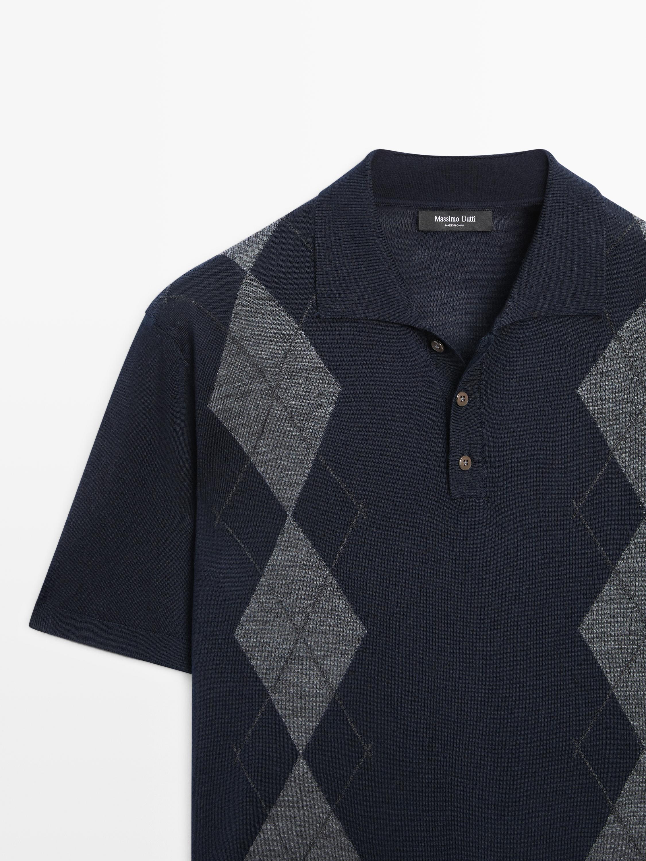 Merino wool blend argyle knit polo sweater — NAVY BLUE