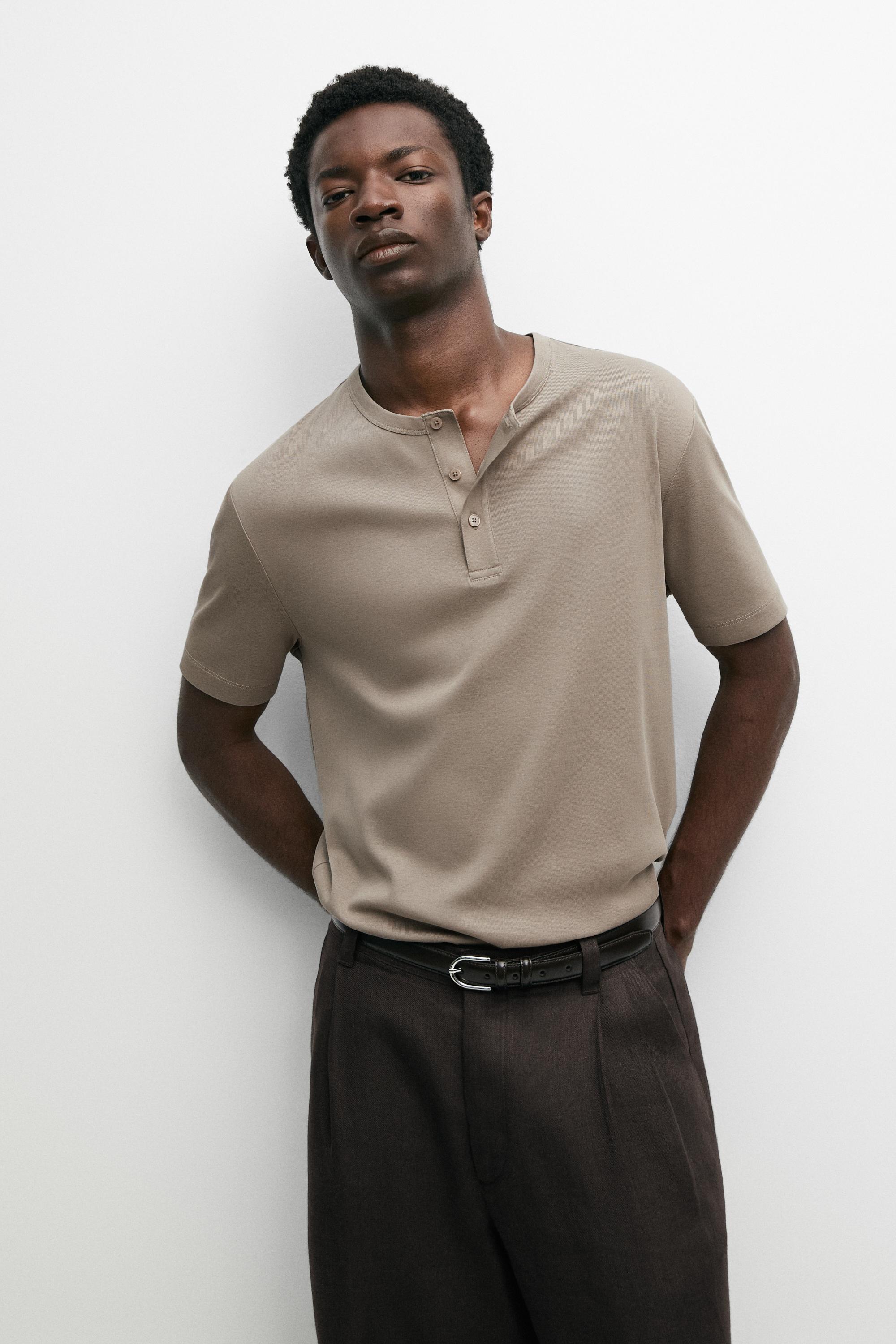 100% cotton henley T-shirt — BROWN