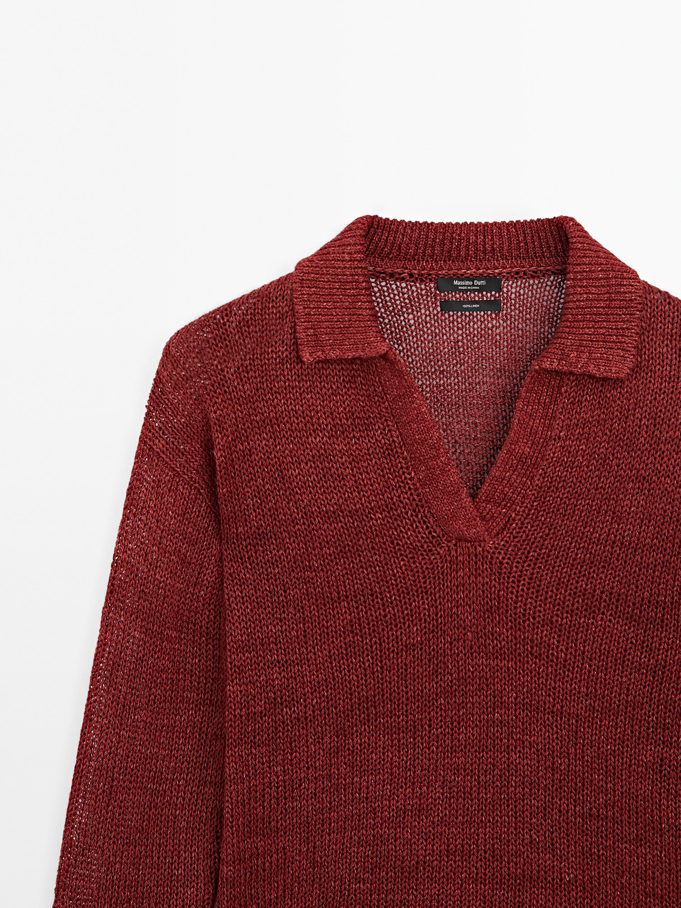 100% linen knit polo collar sweater