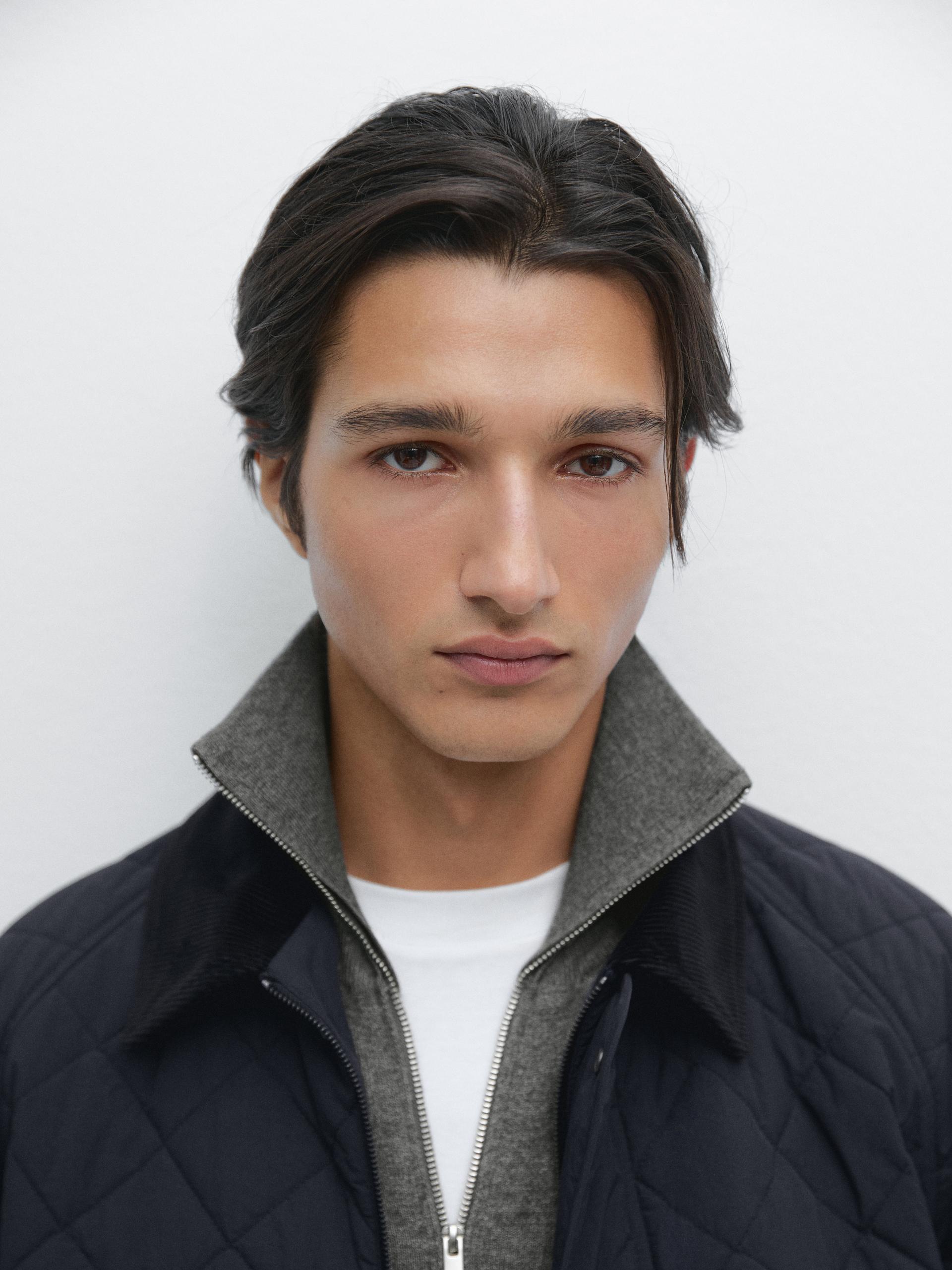 Quilted Jacket With Corduroy Collar - Ciemnomorski - S - Massimo Dutti - Mężczyzna