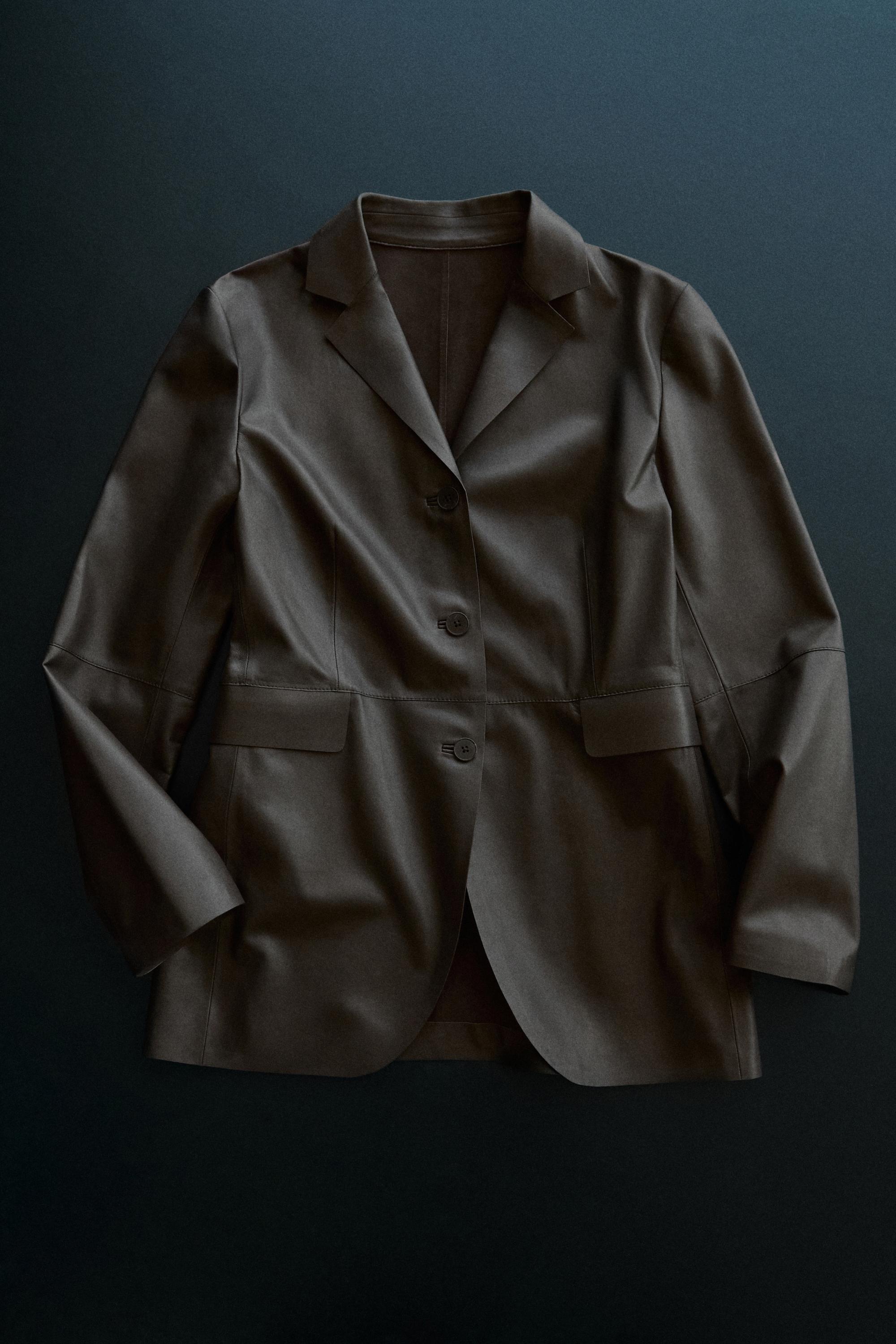 Leather blazer with lapel collar - STUDIO — BROWN