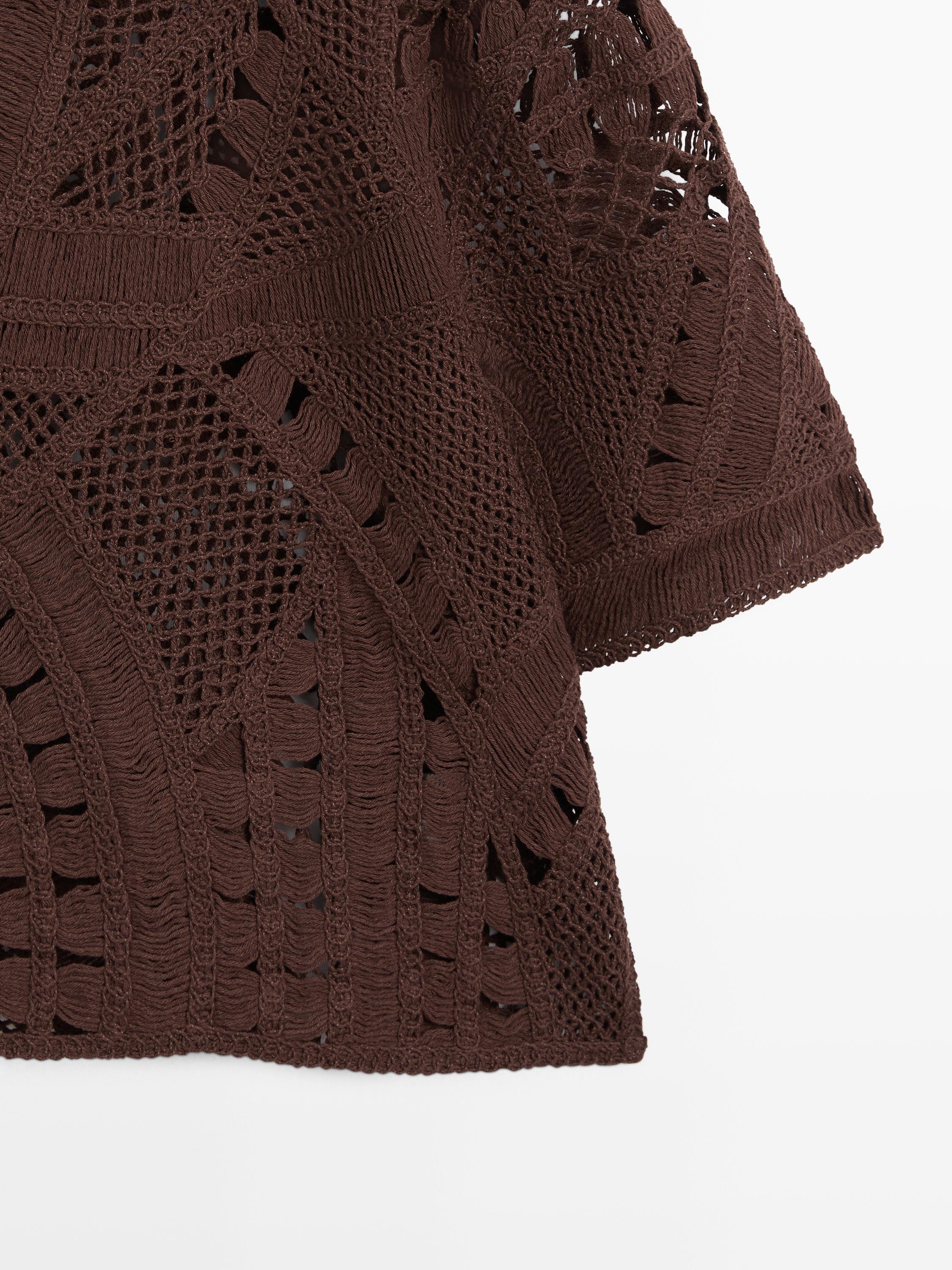 Cotton blend crochet polo T-shirt — BROWN