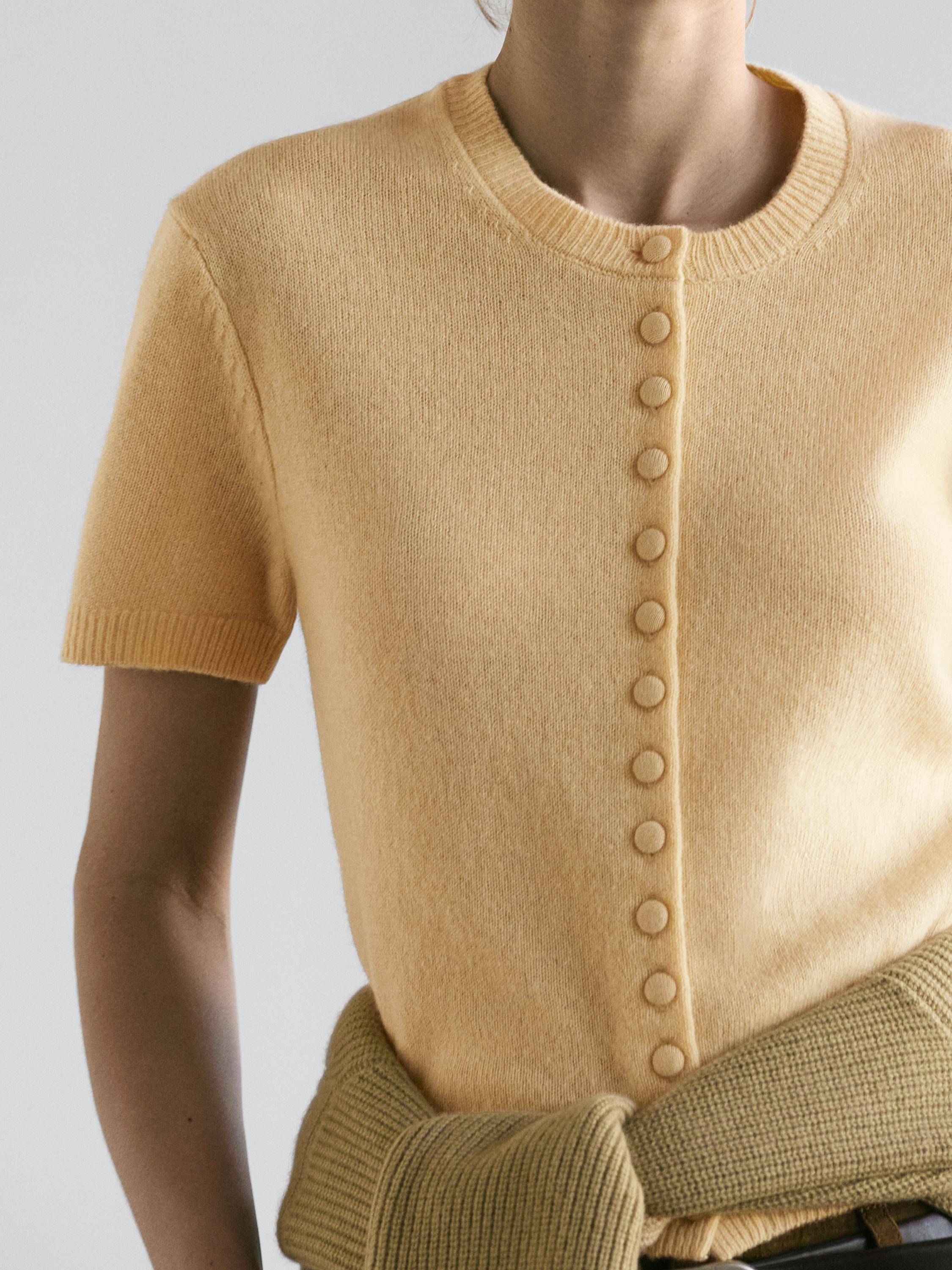 Short-sleeved knitted cardigan, 100% wool