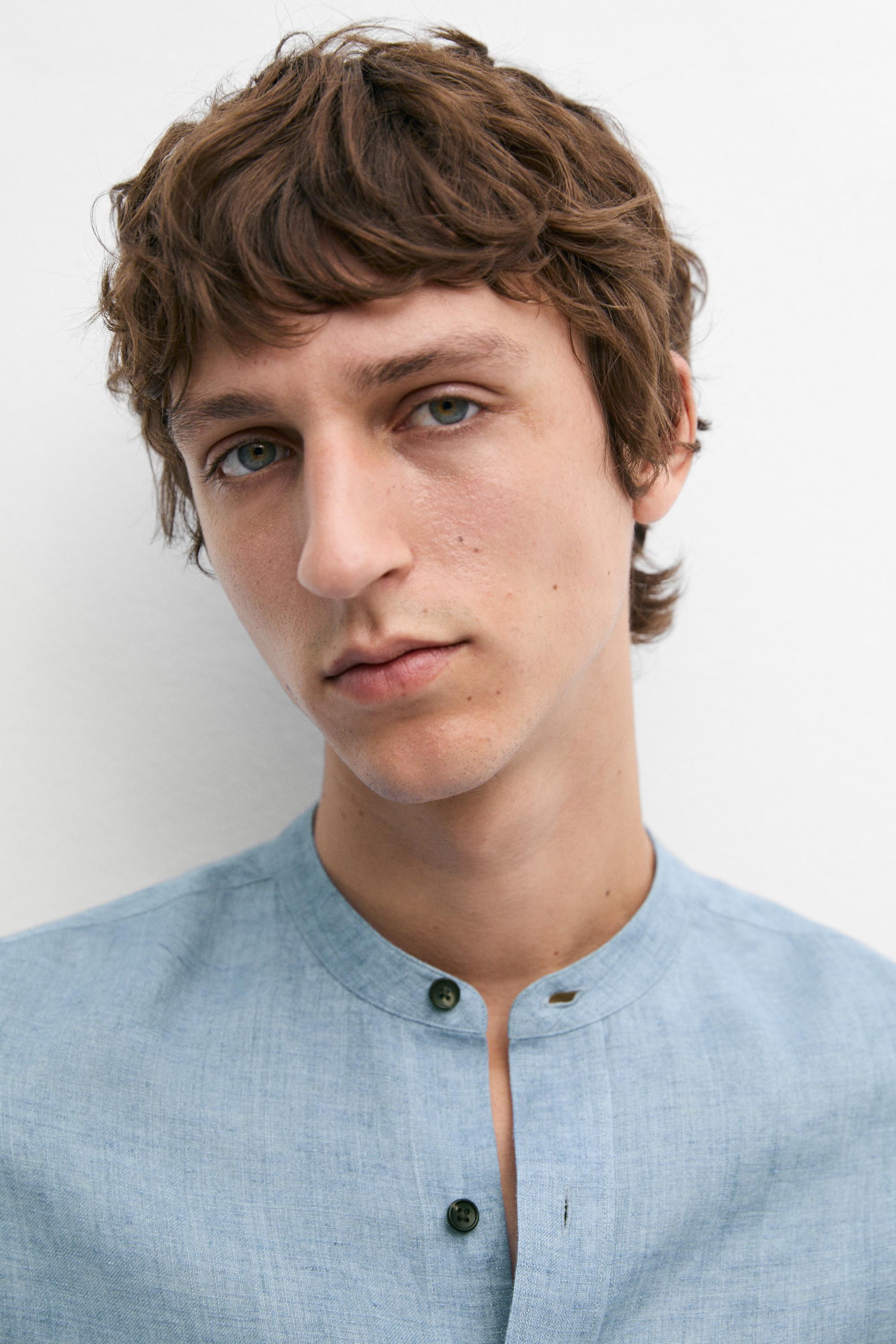 Regular fit contrast button 100% linen shirt — BLUE