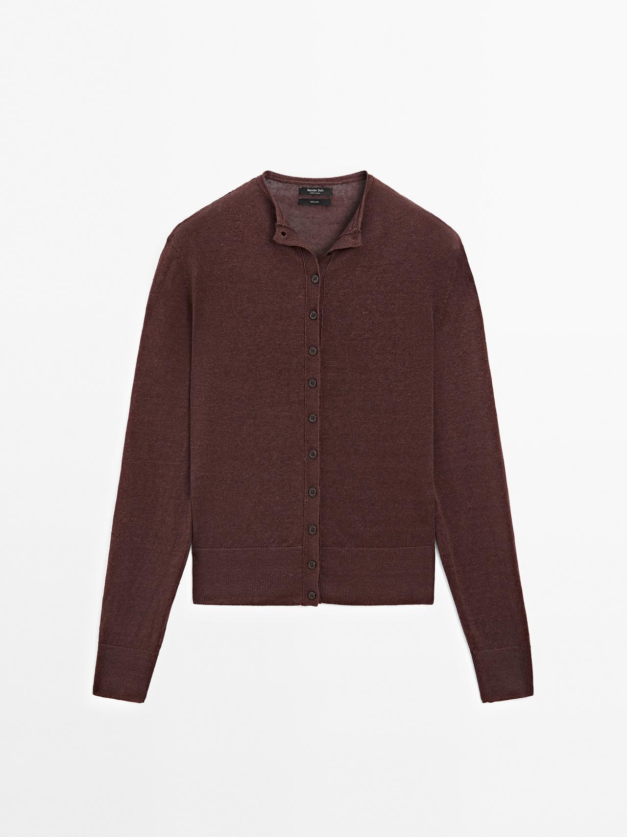 Massimo Dutti - Dame - Let Cardigan I Strik Af 100 % Hør - Granatrød - Xs