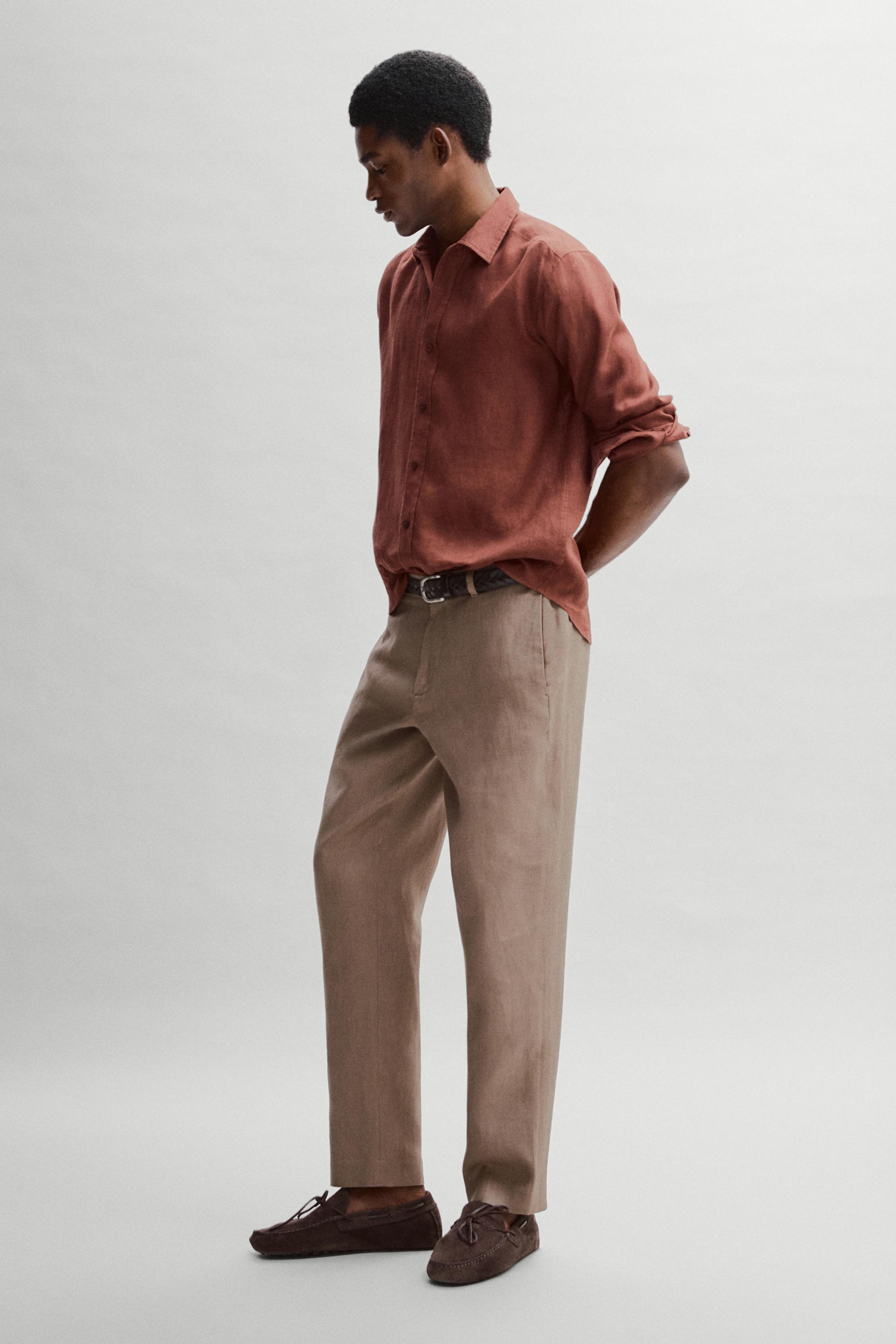 100% linen slim fit shirt — TERRA-COTTA