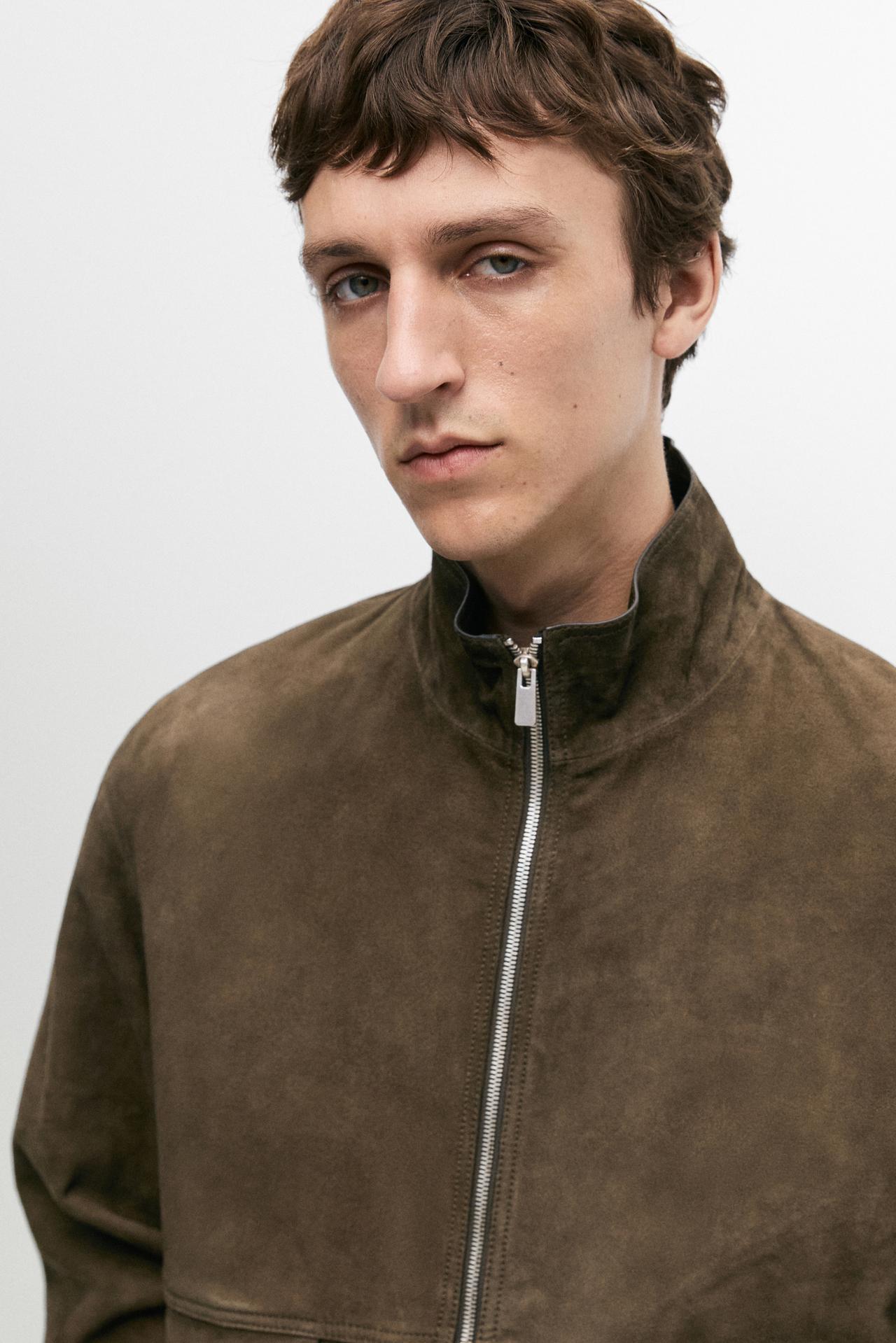 Suede jacket with pocket detail — KHAKI