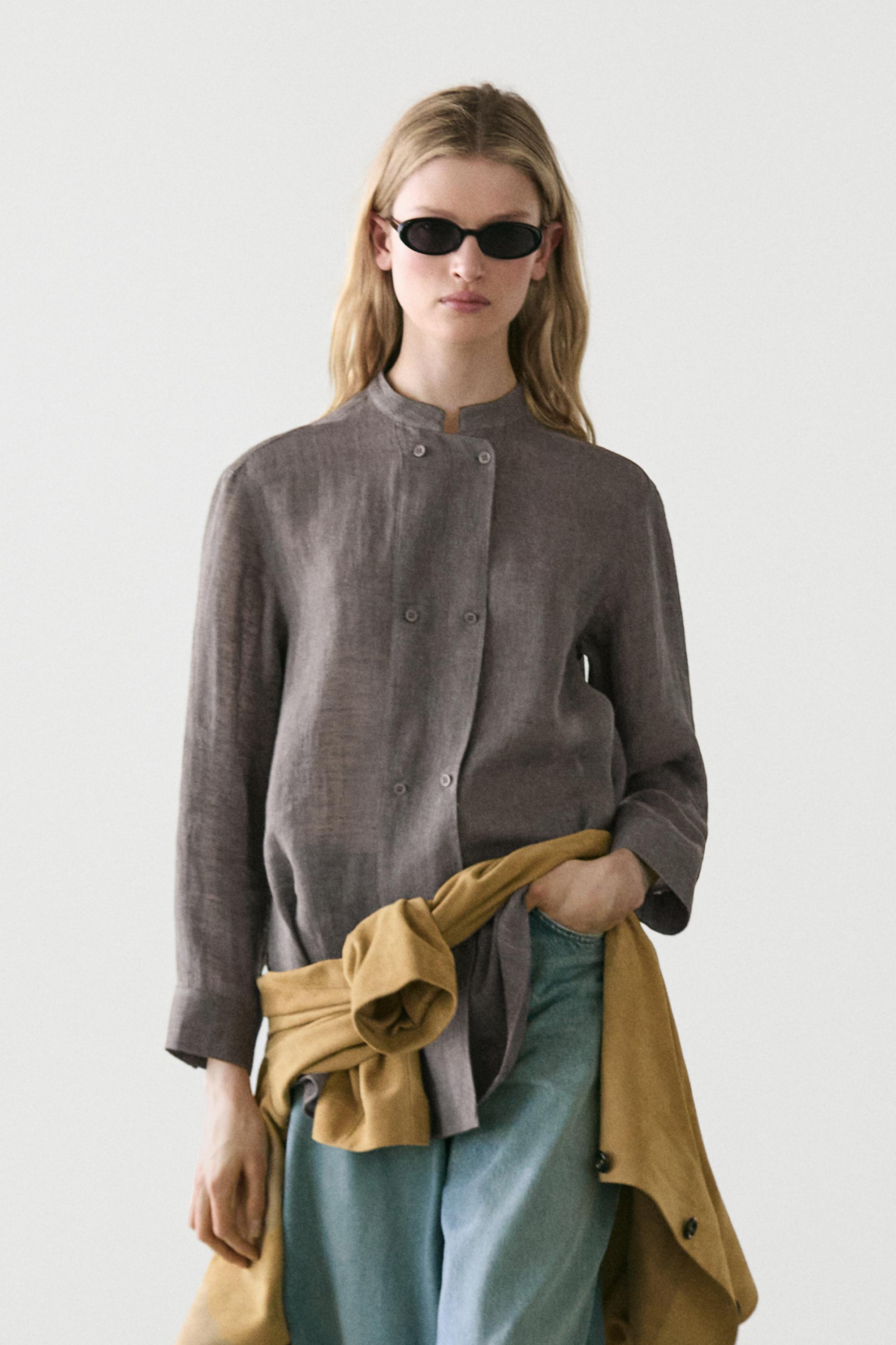 Flowing linen blend shirt with button details — MOLE BROWN