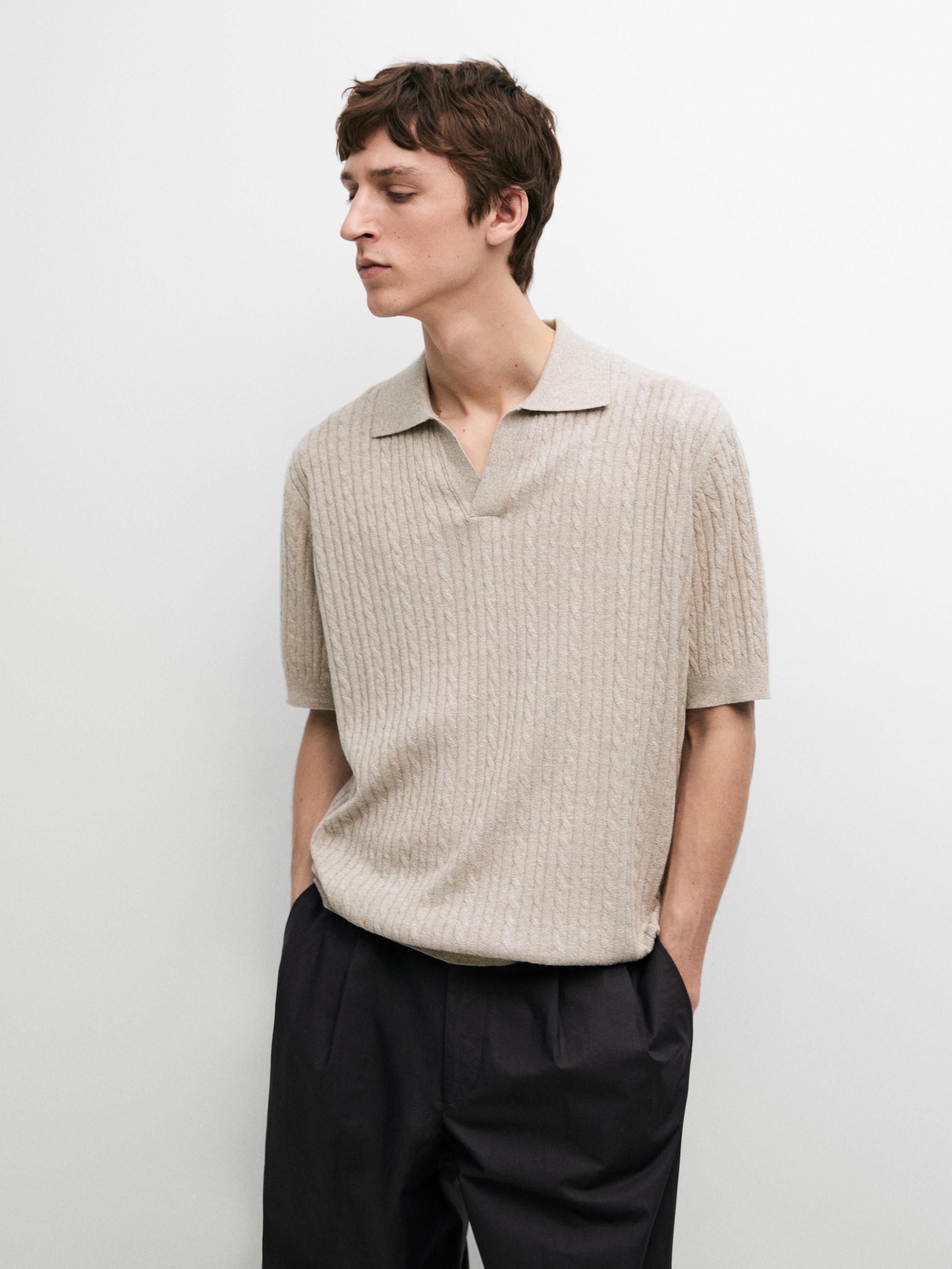 Short sleeve knit polo shirt with cable-knit detail — MINK