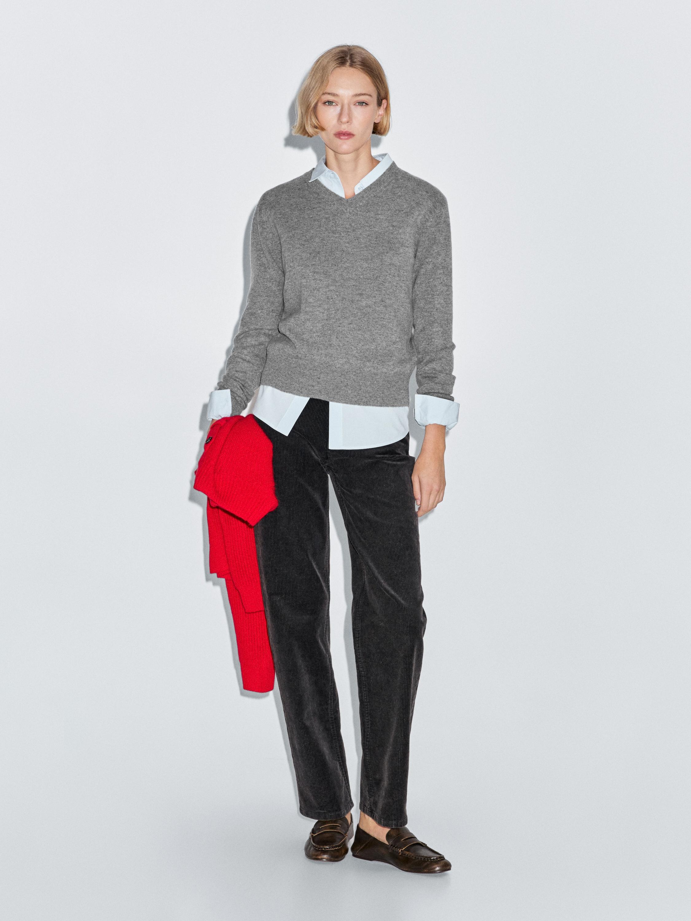 Wool blend knit V-neck sweater — GREY MARL
