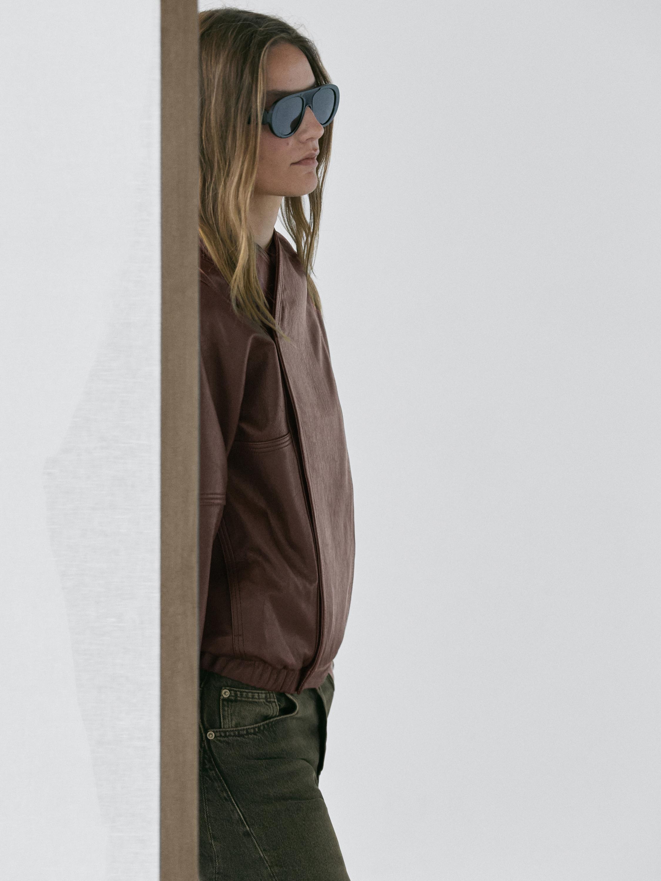 Asymmetric nappa leather bomber jacket — BROWN
