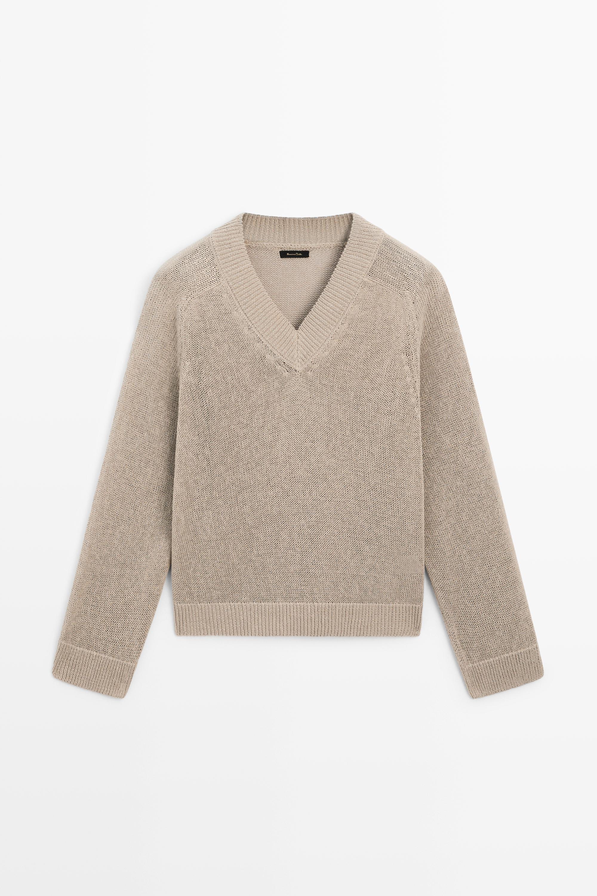 Cotton blend V-neck knit sweater — MINK