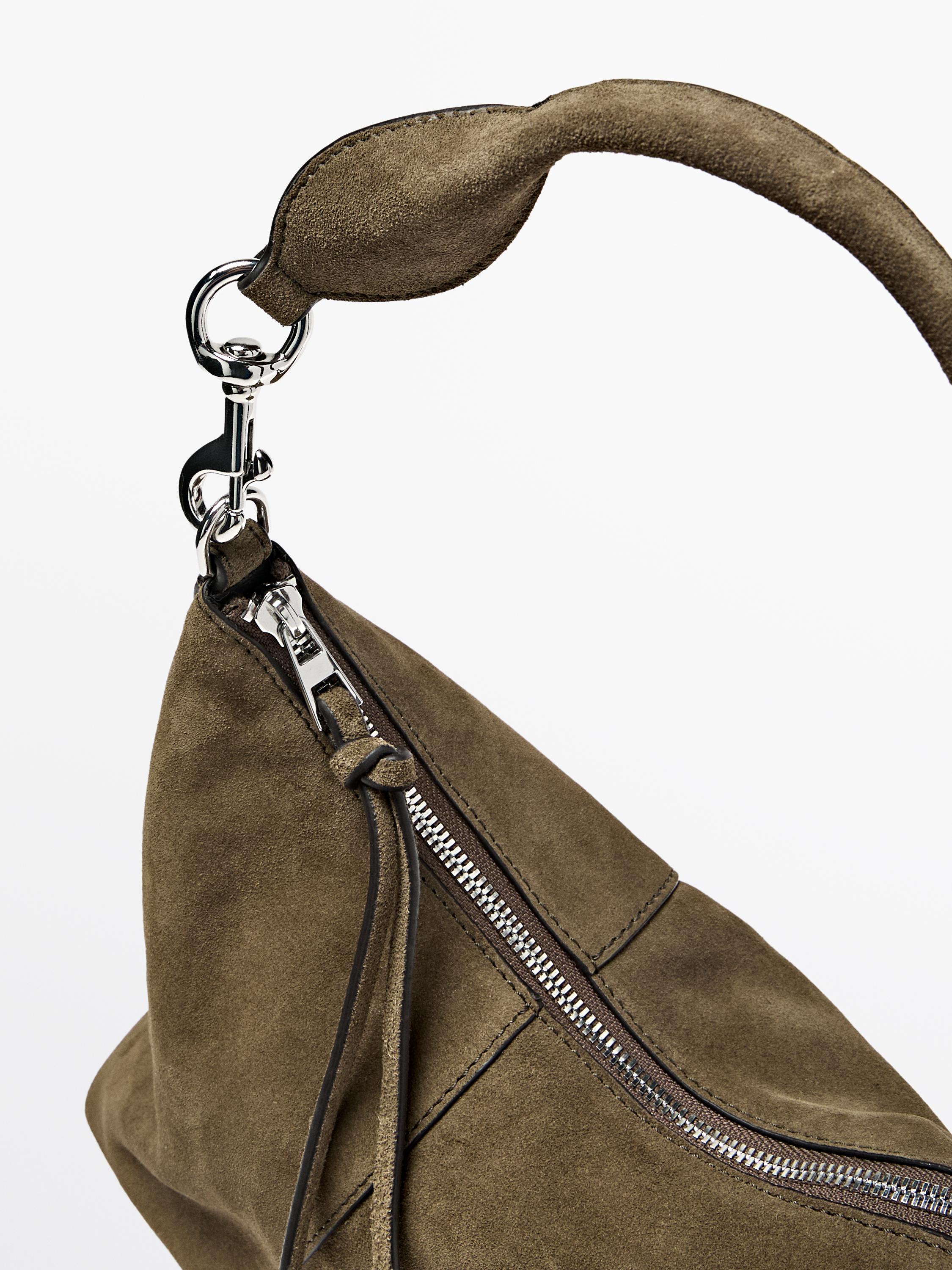 Split suede leather bucket bag — KHAKI