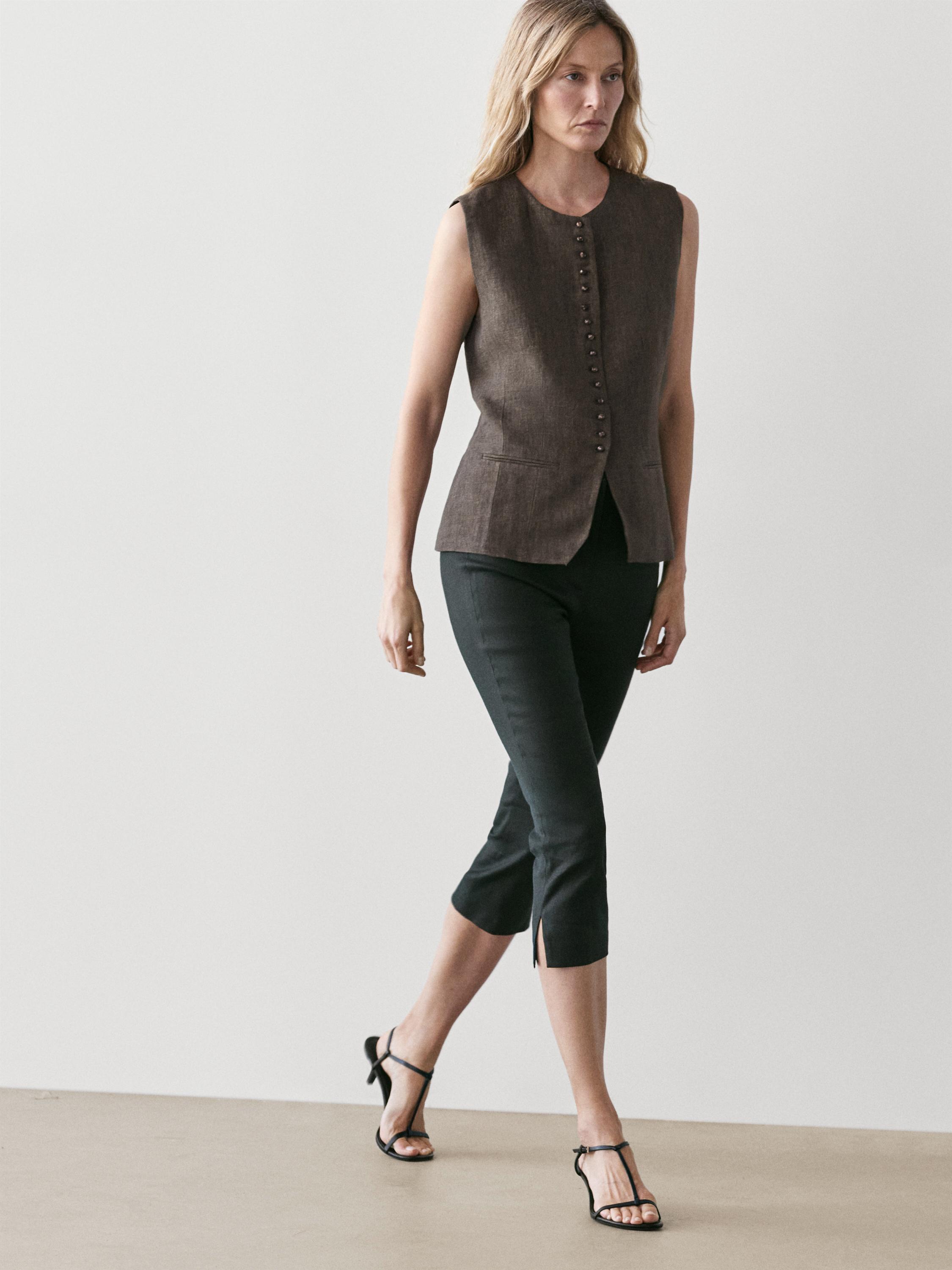 100% linen vest with button detail — Chocolate