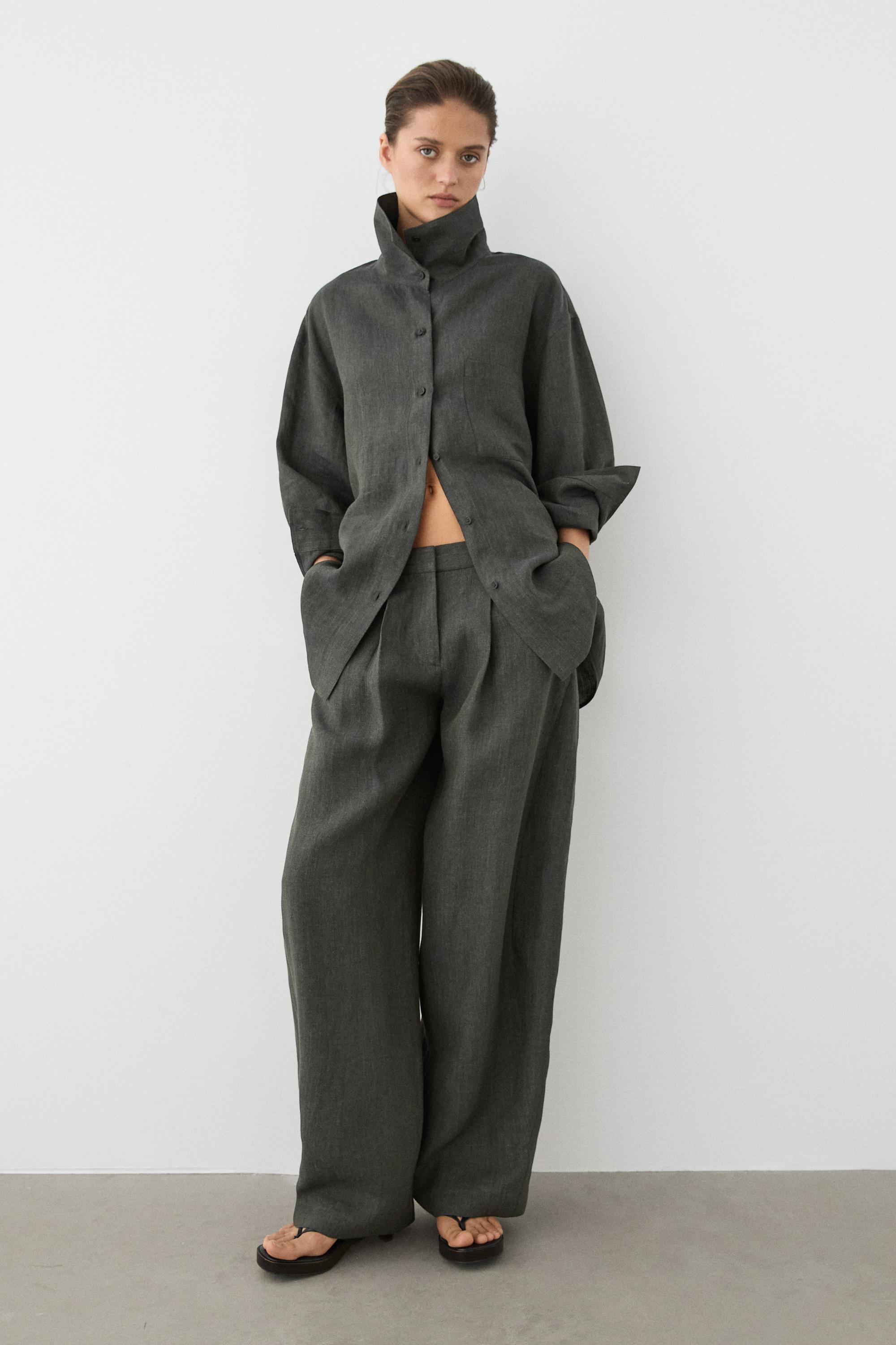 Melange linen overshirt with buckles — BLUISH GREEN