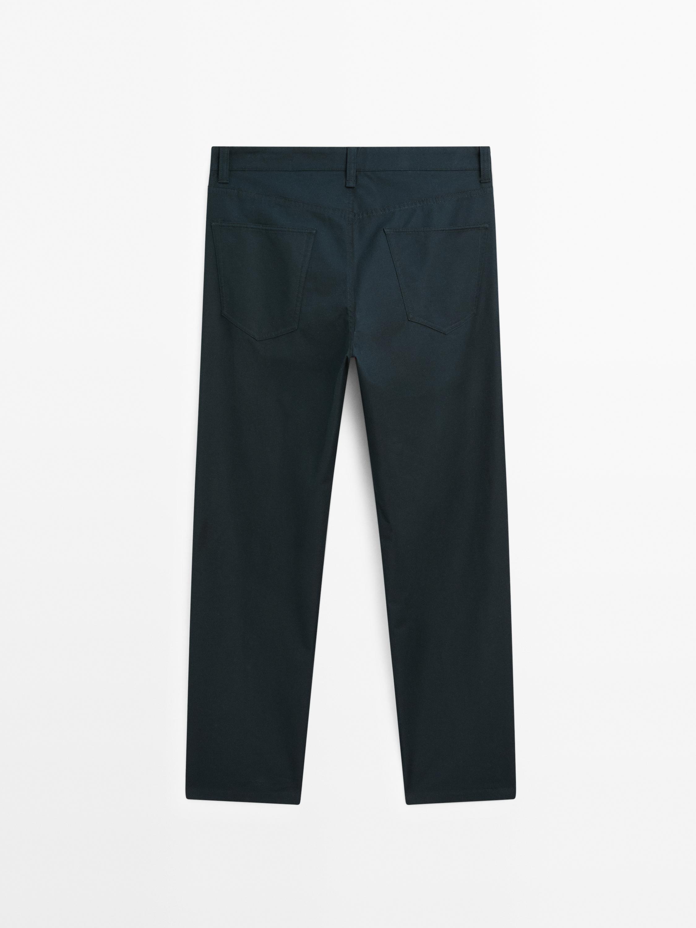 Lightweight tapered fit denim-effect trousers