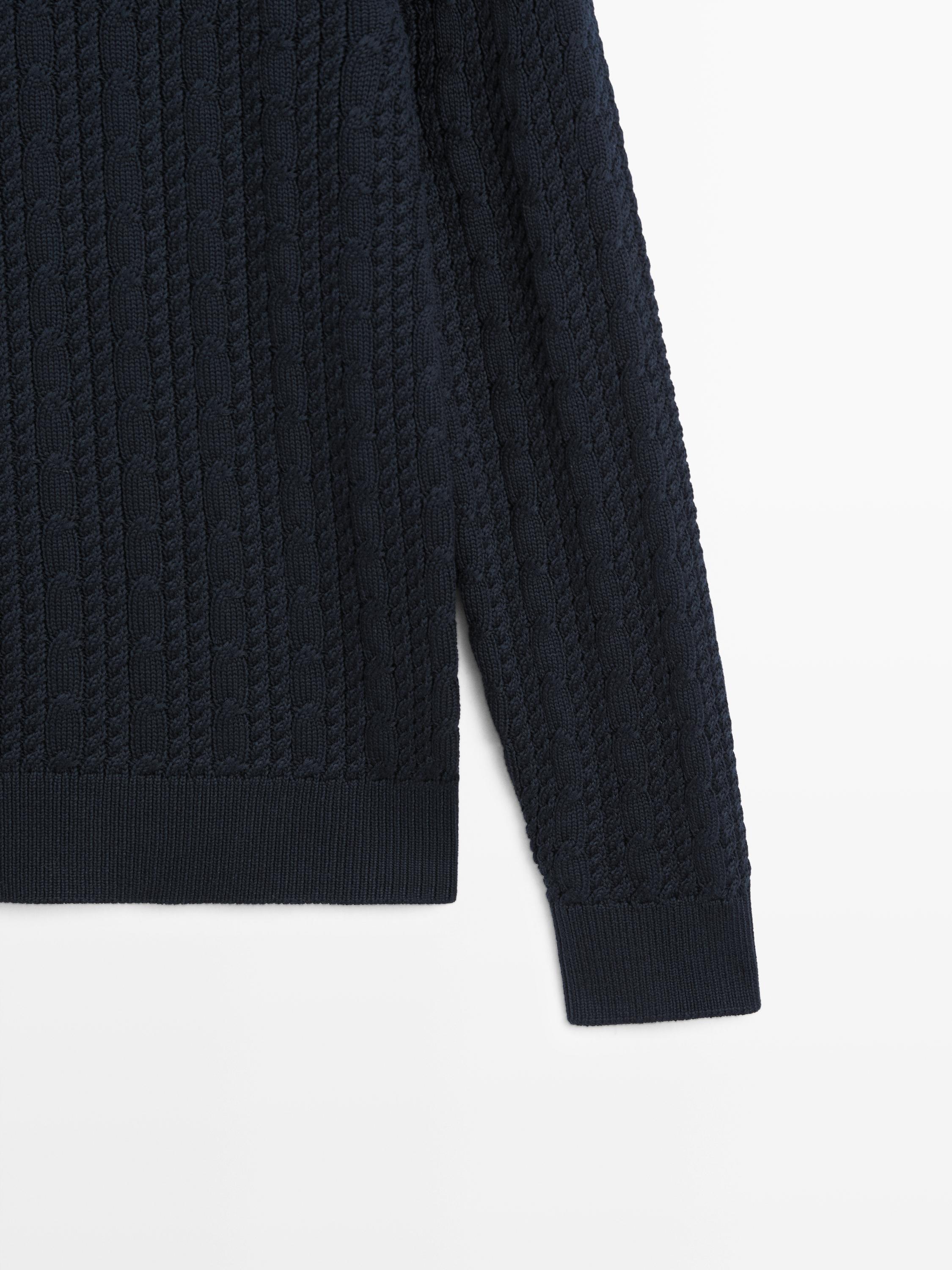 Cable-knit 100% cotton sweater with crew neck — NAVY BLUE