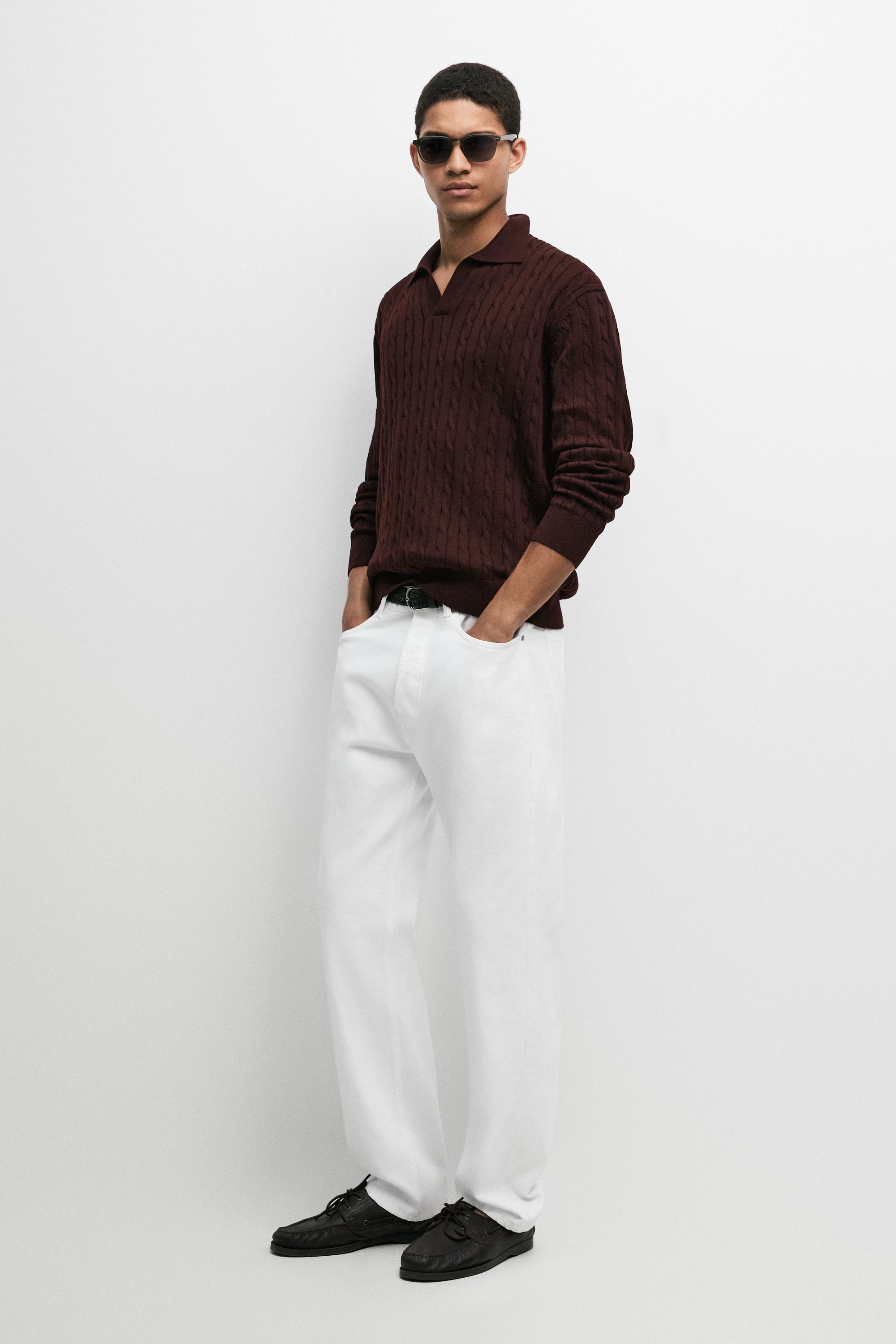 100% Cotton Cable-Knit Polo Sweater — BURGUNDY