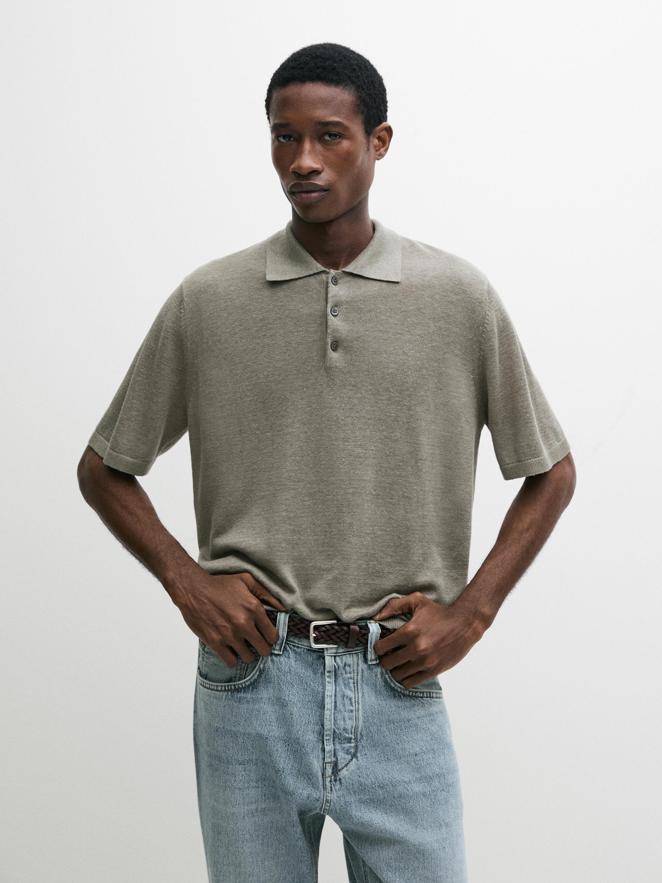 Linen knit polo sweater — MARINE GREEN