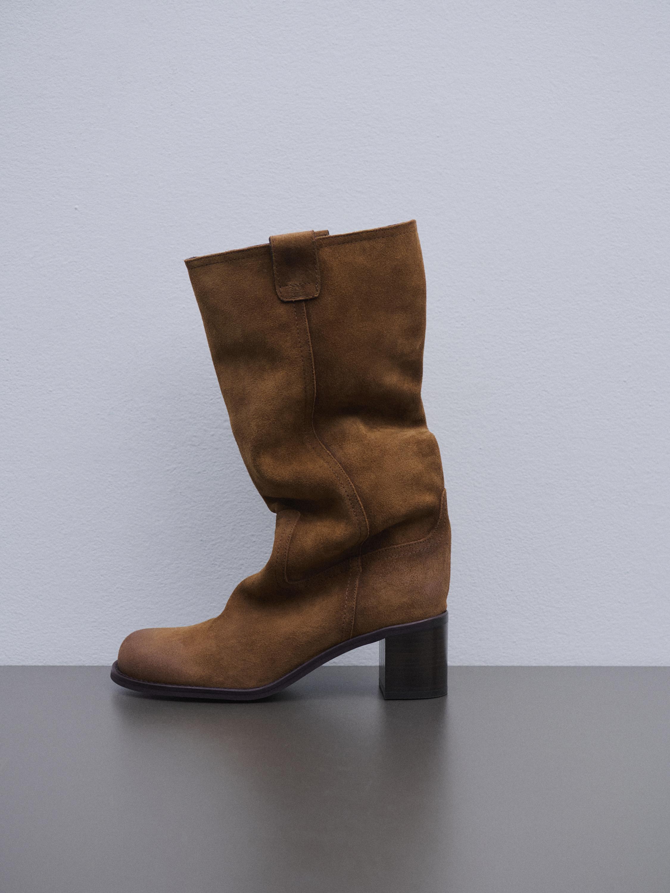 Brushed split leather heeled boots