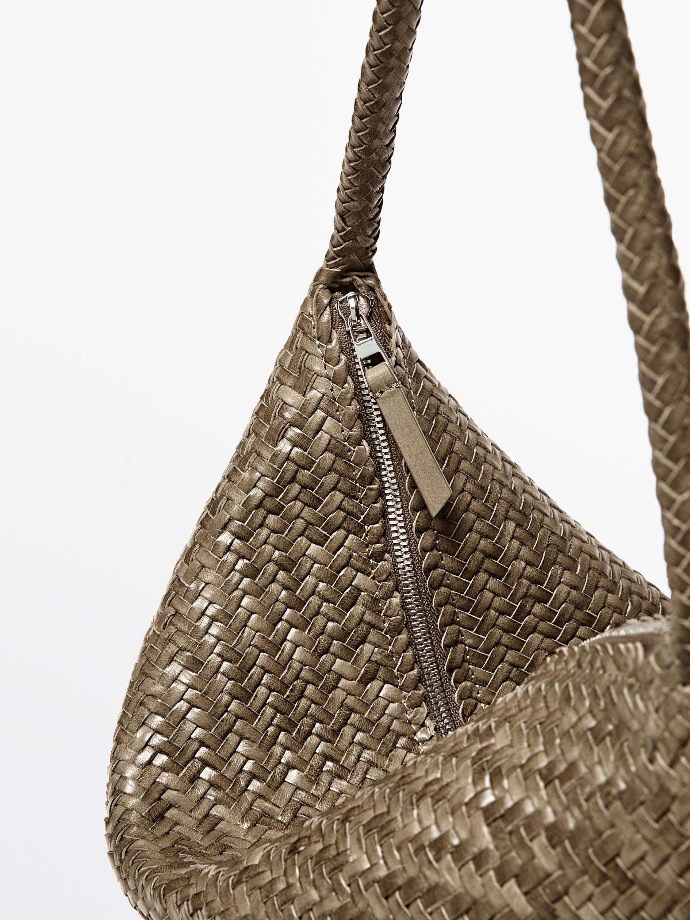 Mid-sized braided leather shoulder bag — KHAKI