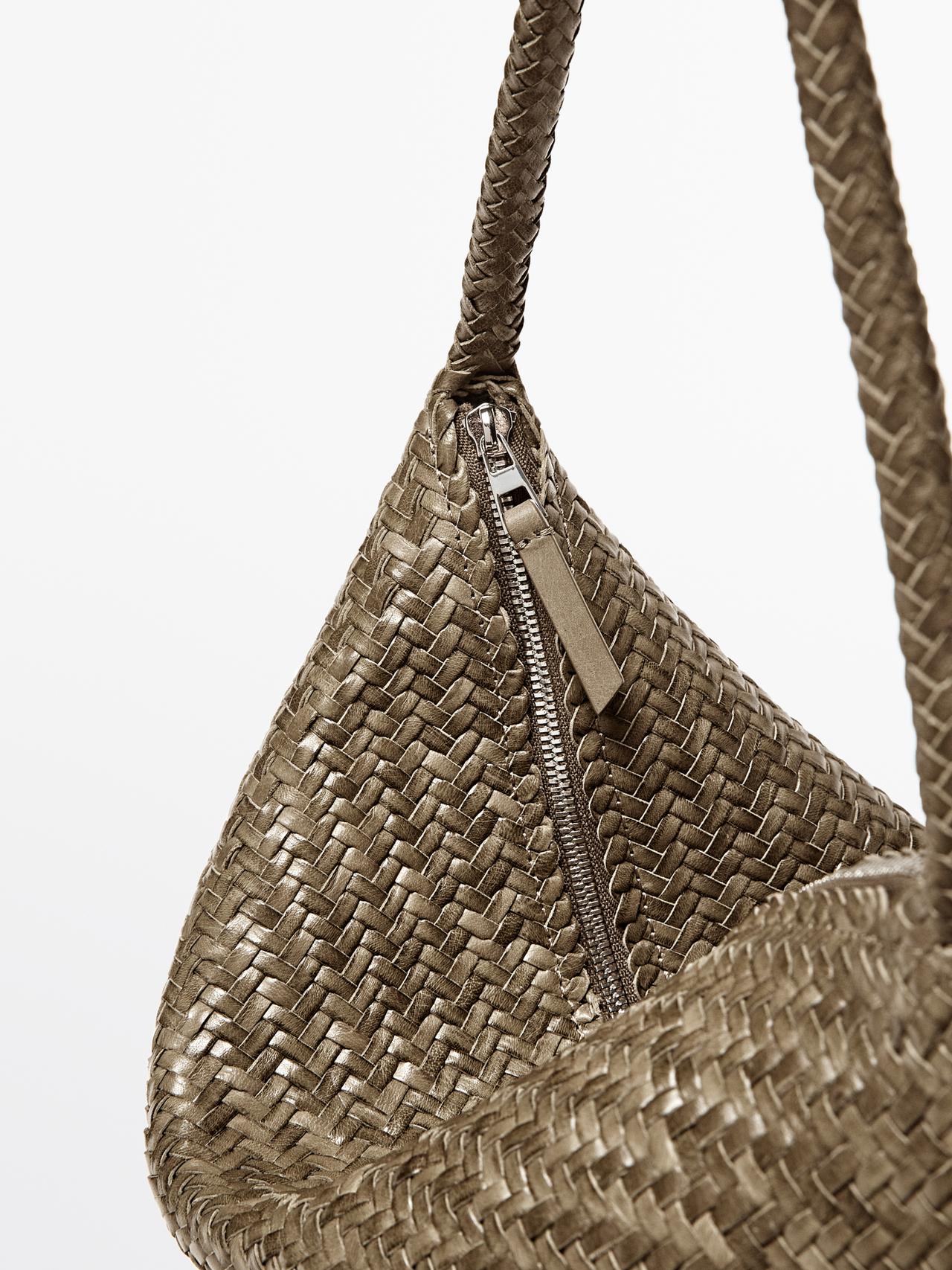 Mid-sized braided leather shoulder bag — KHAKI