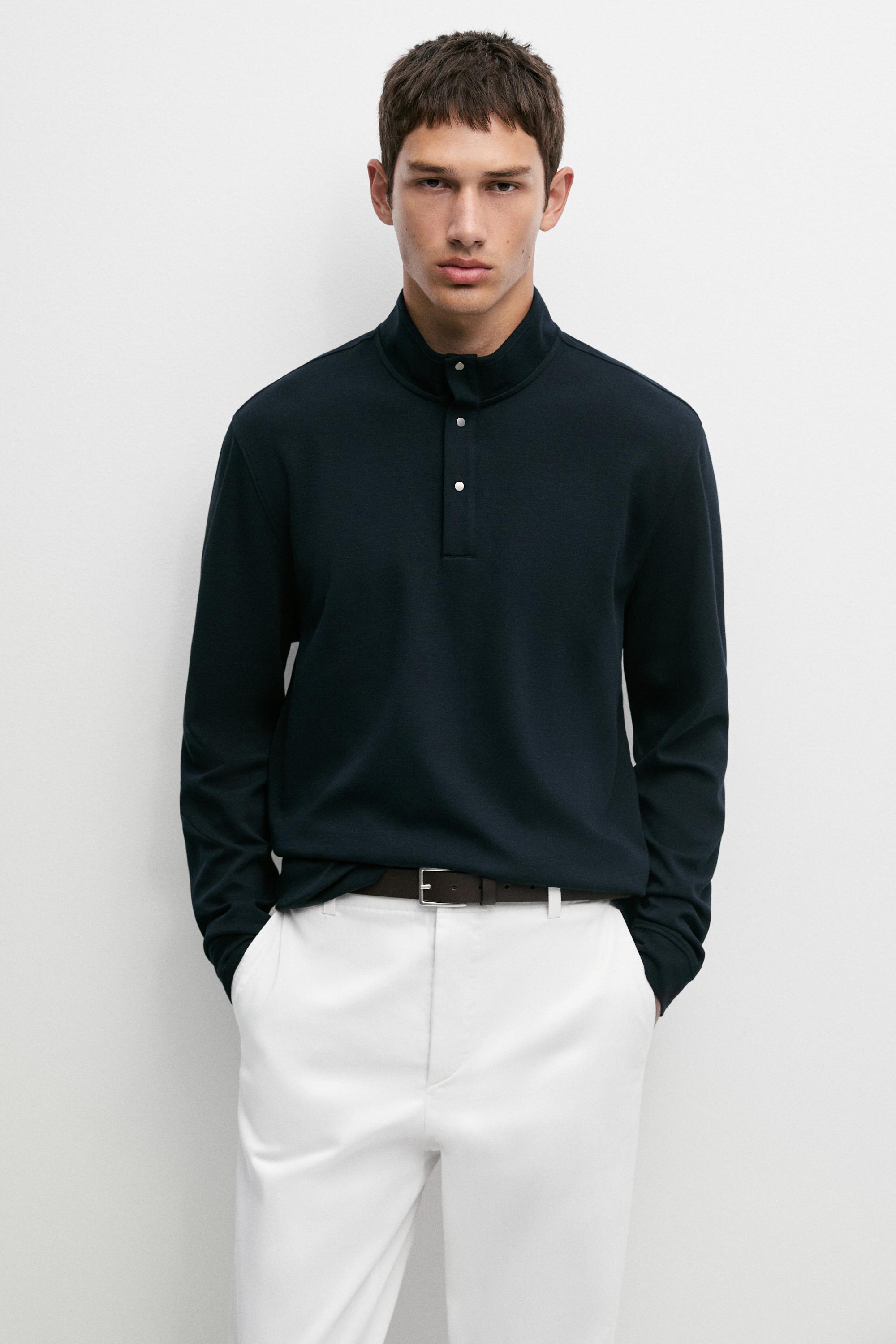 Camisola tipo polo em mistura de algodão e seda