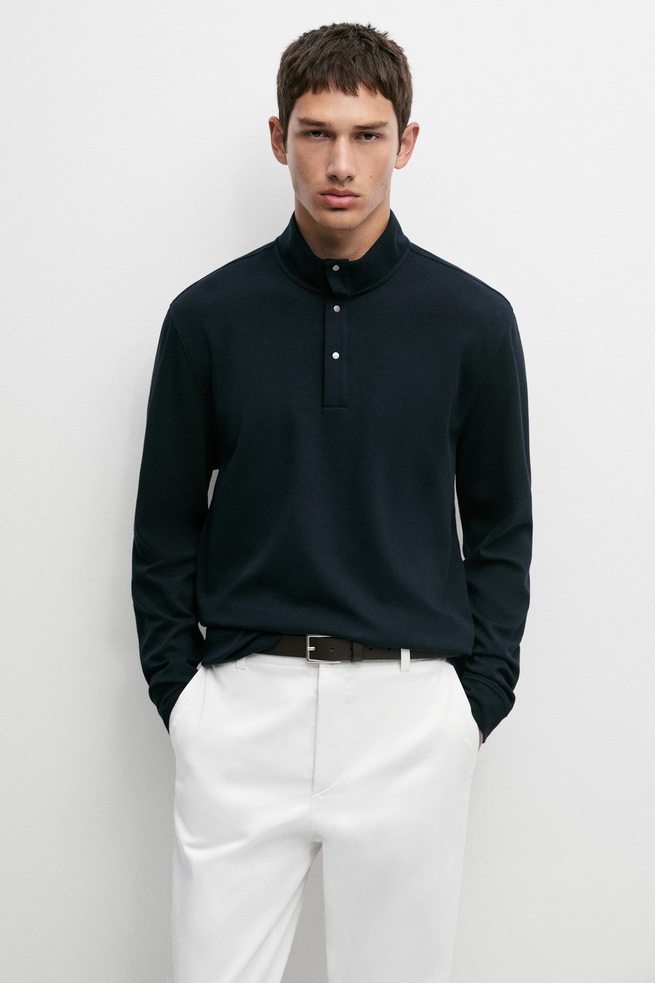 Cotton blend mock neck knit sweater — NAVY BLUE