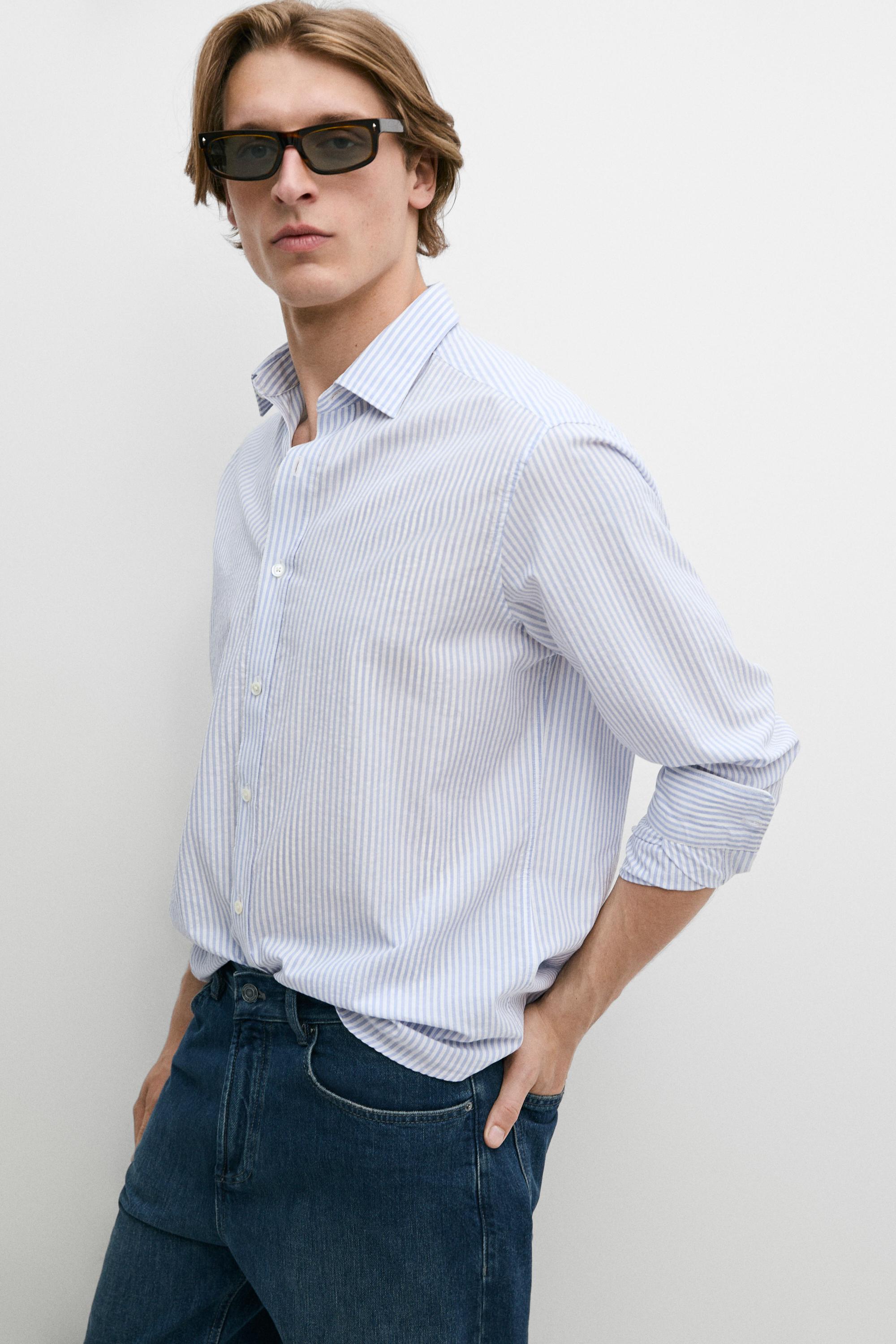 100% cotton regular fit striped shirt — BLUE