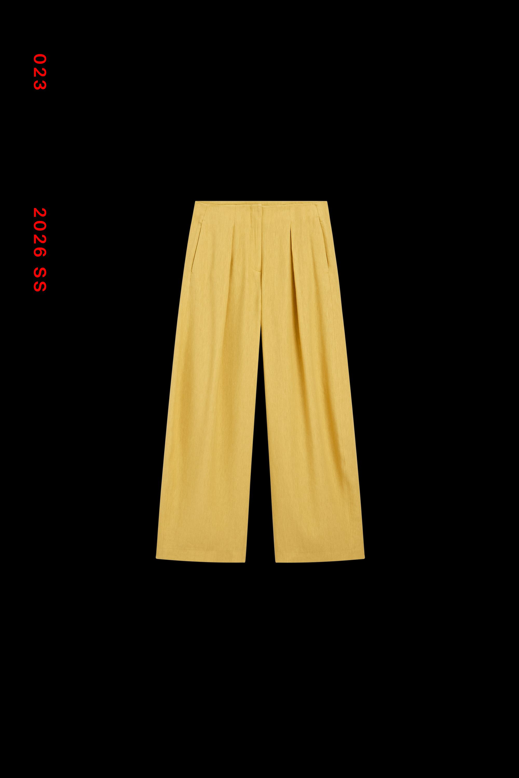 Wide-leg flowing linen blend pleated pants — MUSTARD YELLOW