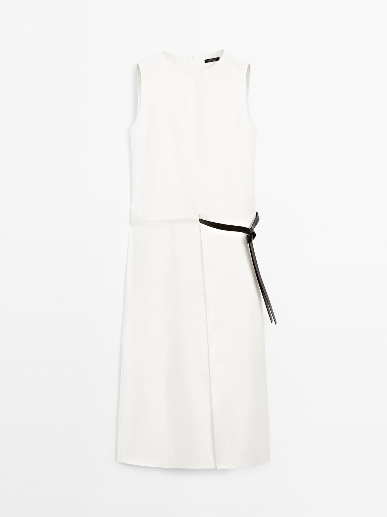 Massimo Dutti - Dame - Midikjole Med Bæltedetalje - Hvid - Xs