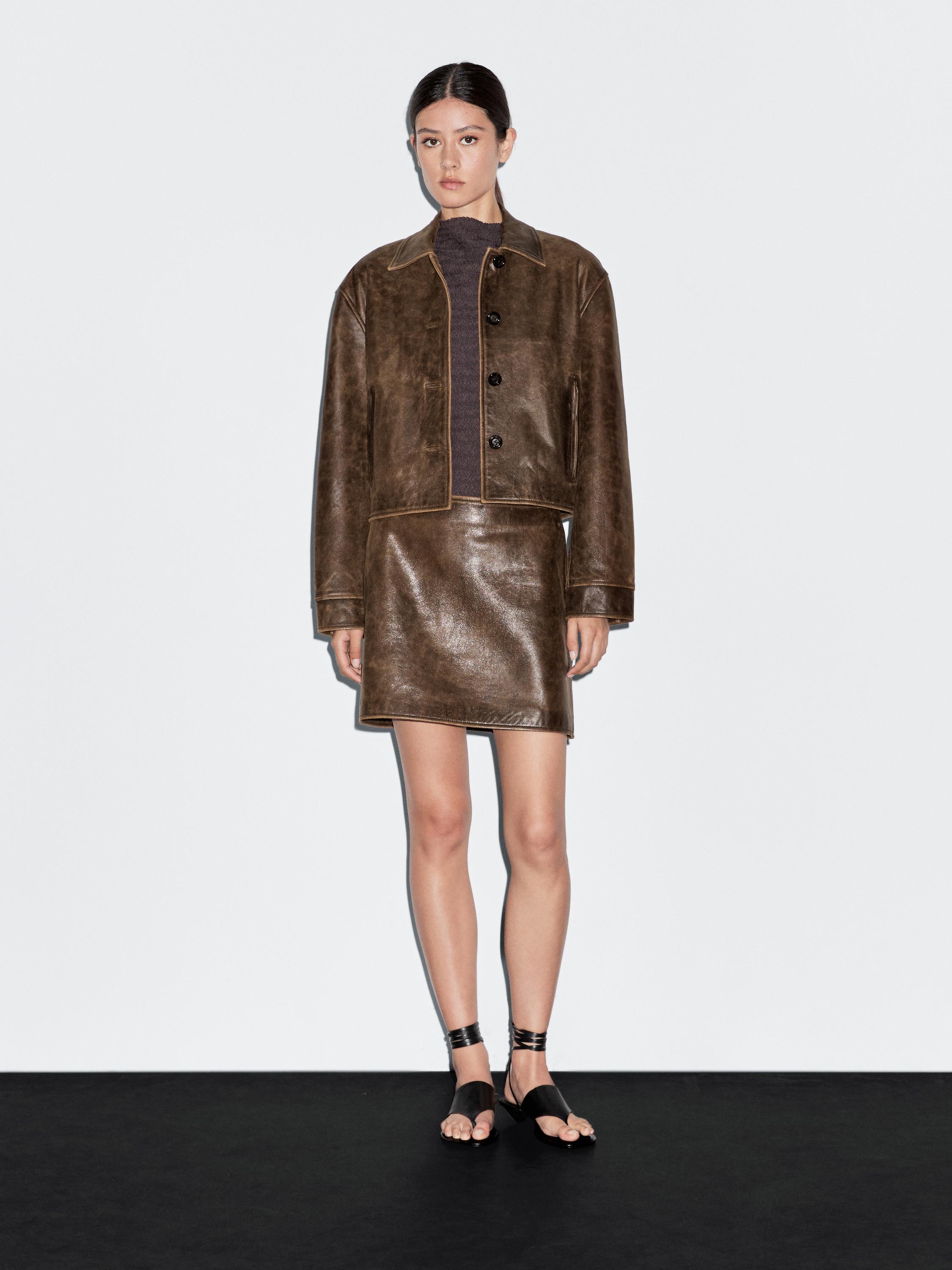 Distressed effect nappa leather cropped jacket