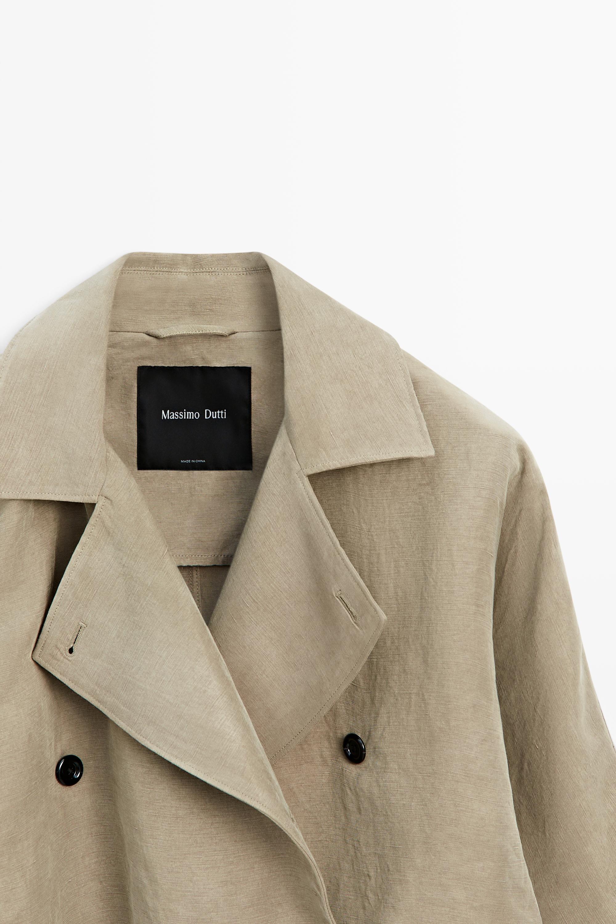 Linen blend trench coat with belt detail — SAND BROWN