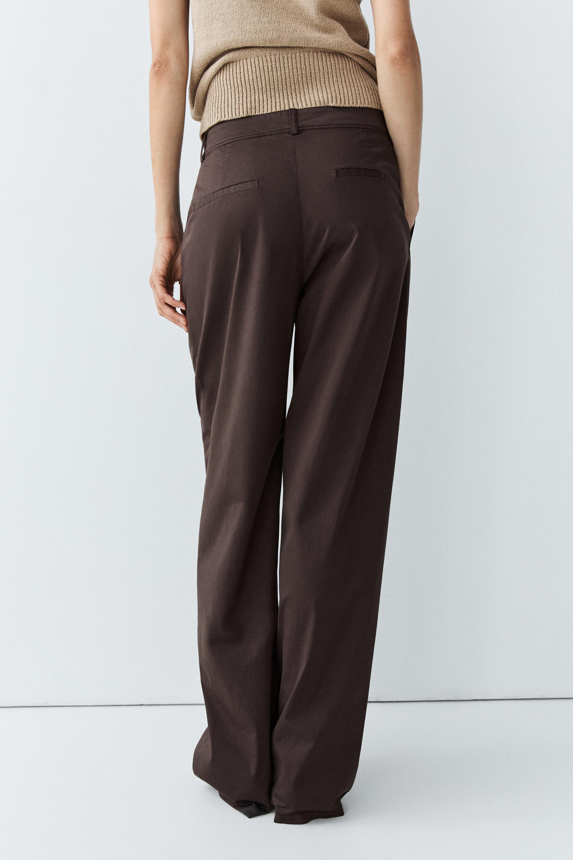 Cotton blend poplin pleated pants — Chocolate