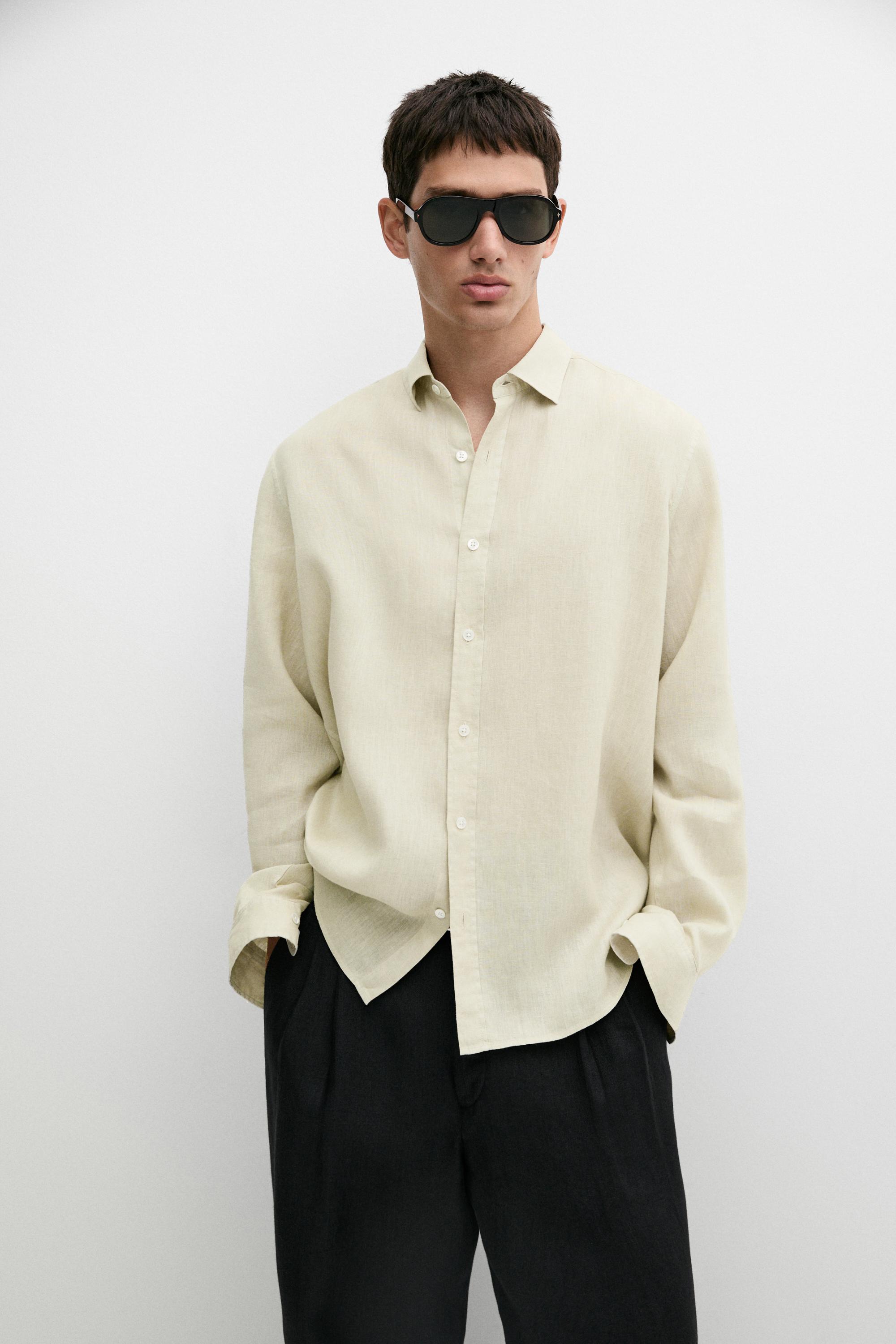 Slim fit 100% linen shirt — PALE GREEN