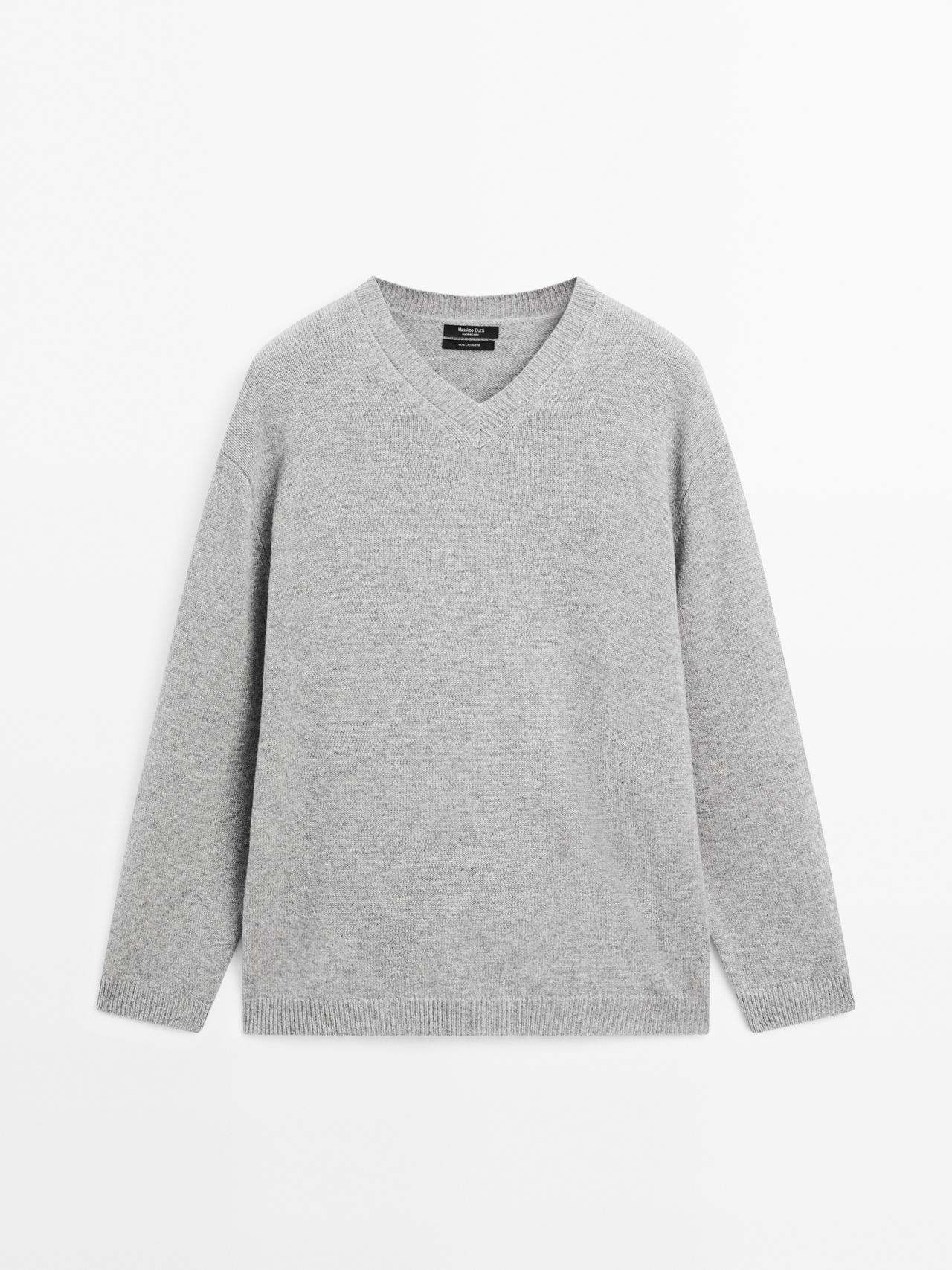 Massimo Dutti - Dame - Oversize Trøje I 100 % Kashmir Med V-Udskæring - Grå - Xs