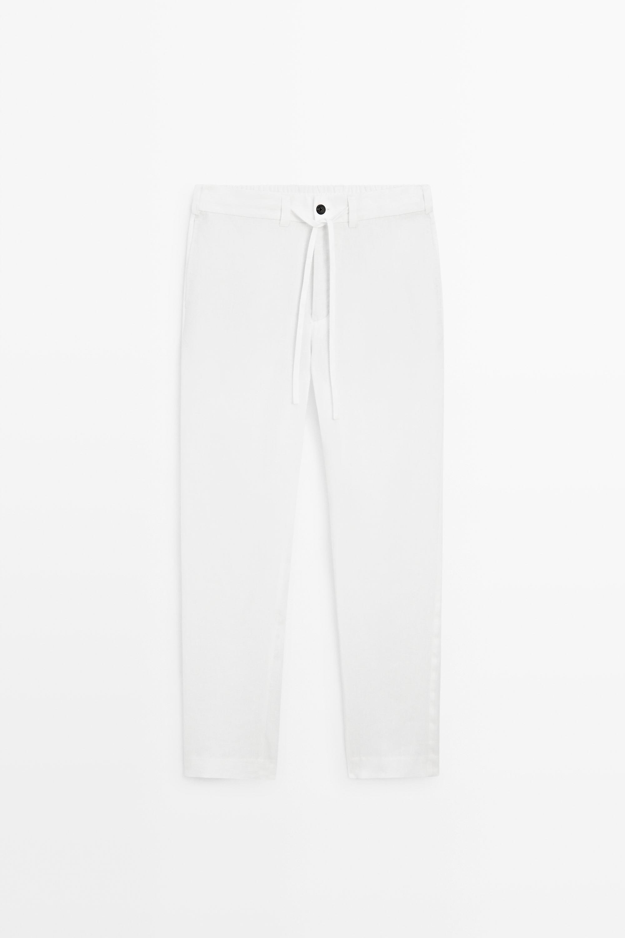100% linen trousers with elasticated waist — WHITE