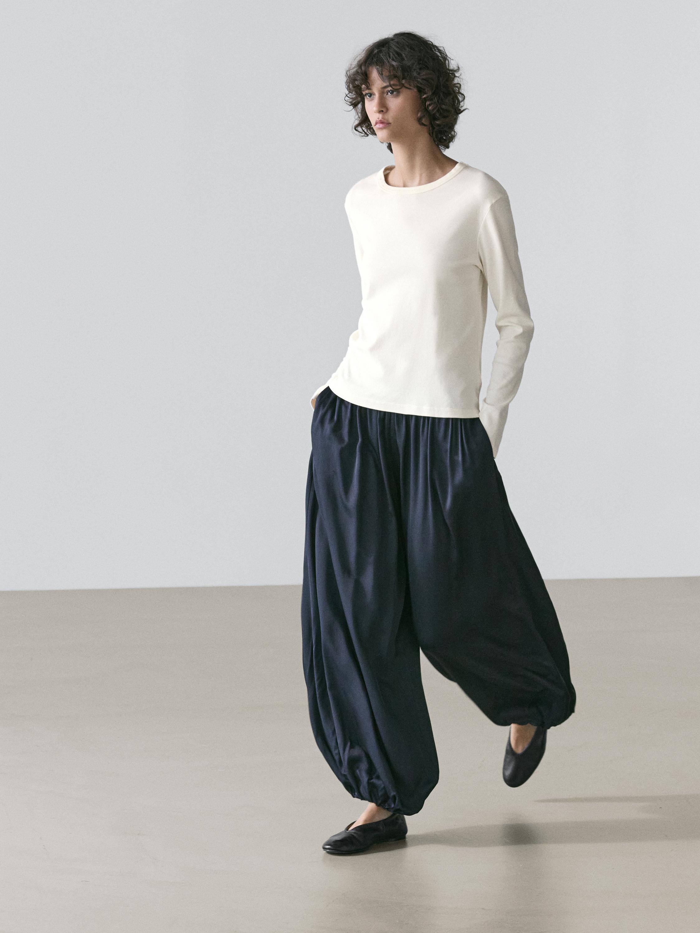 Ribbed long sleeve melange T-shirt — CREAM