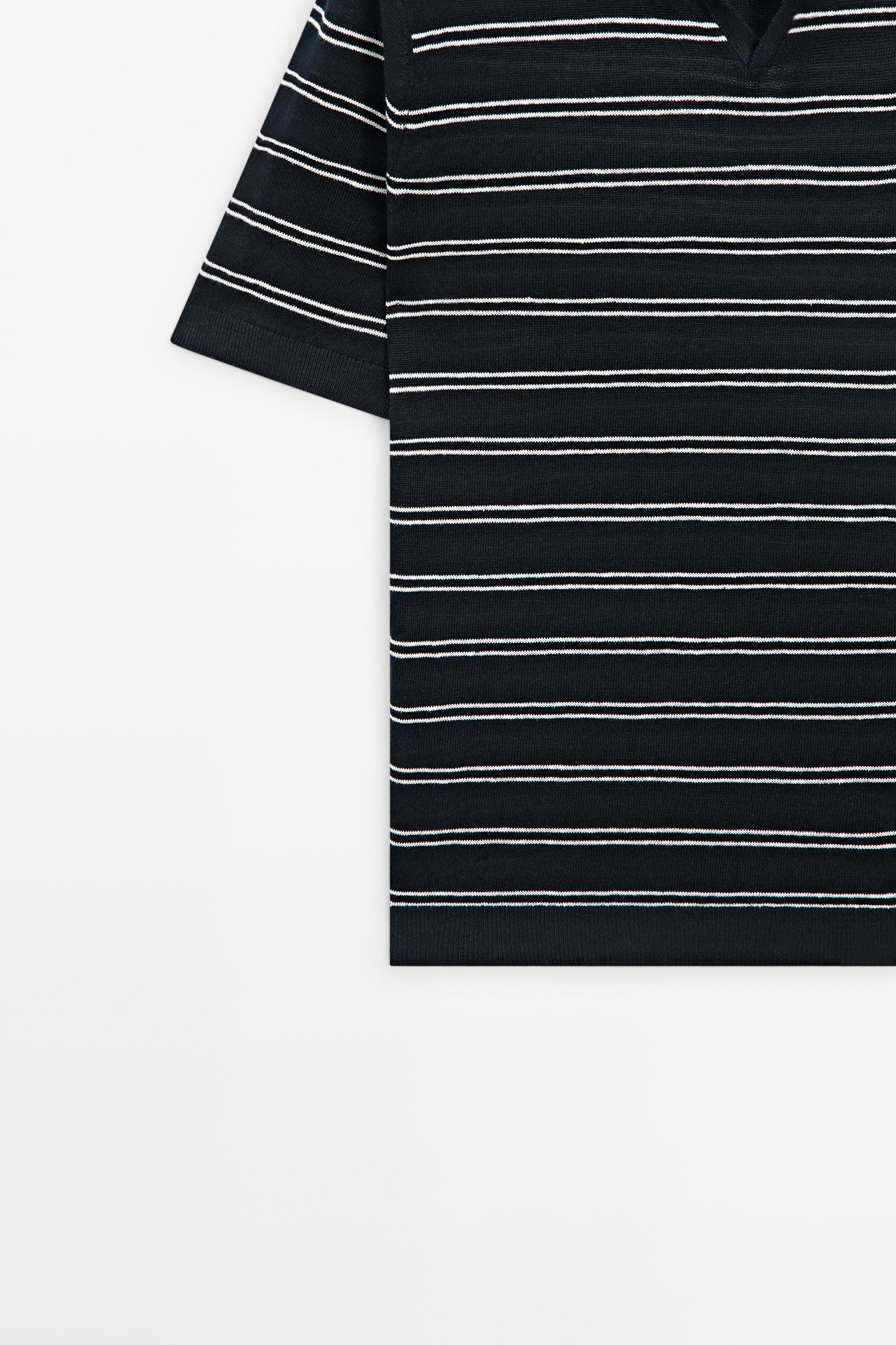 Striped 100% linen V-neck polo shirt — NAVY BLUE