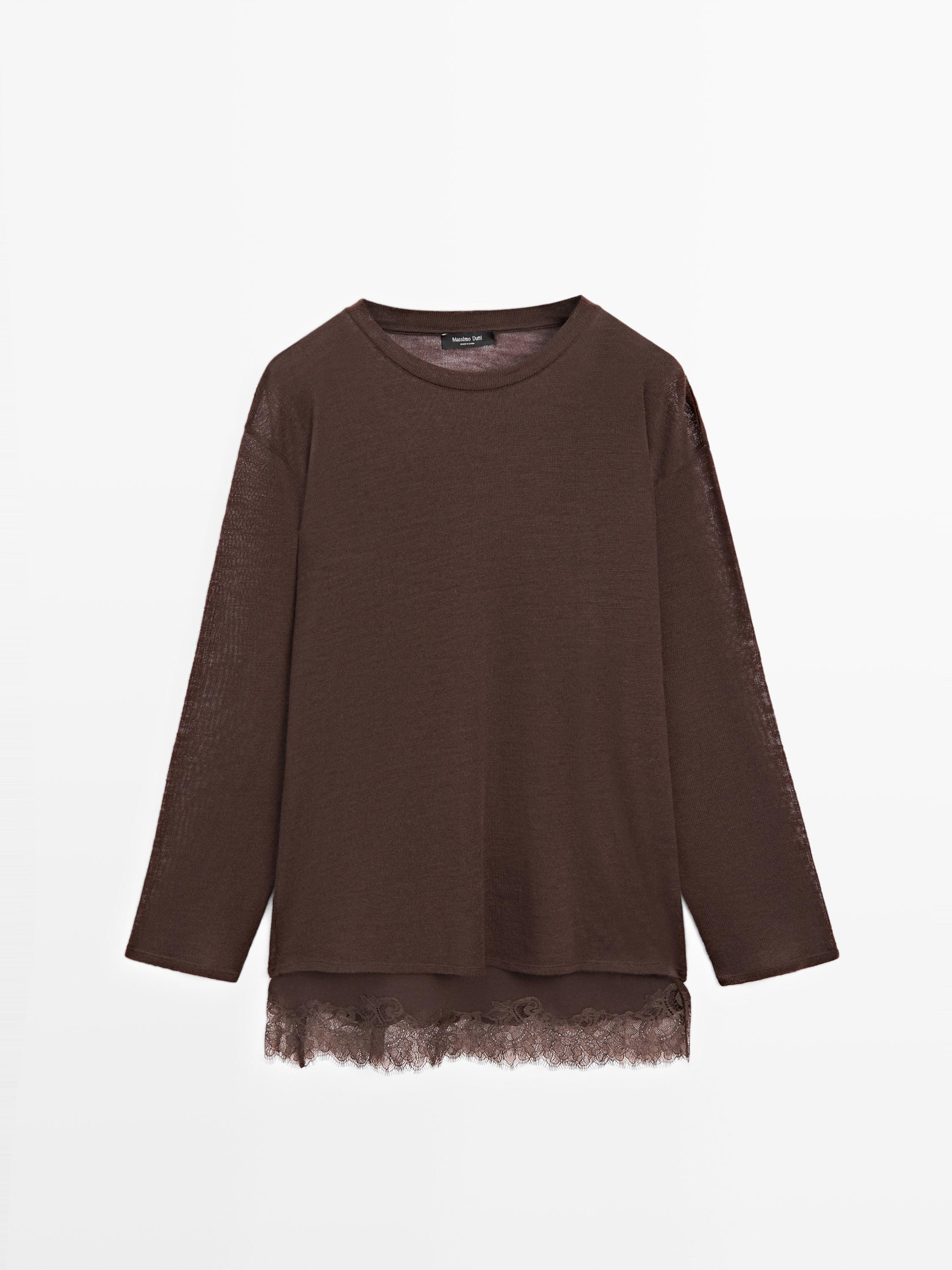 Long sleeve T-shirt with lace detail — BROWN
