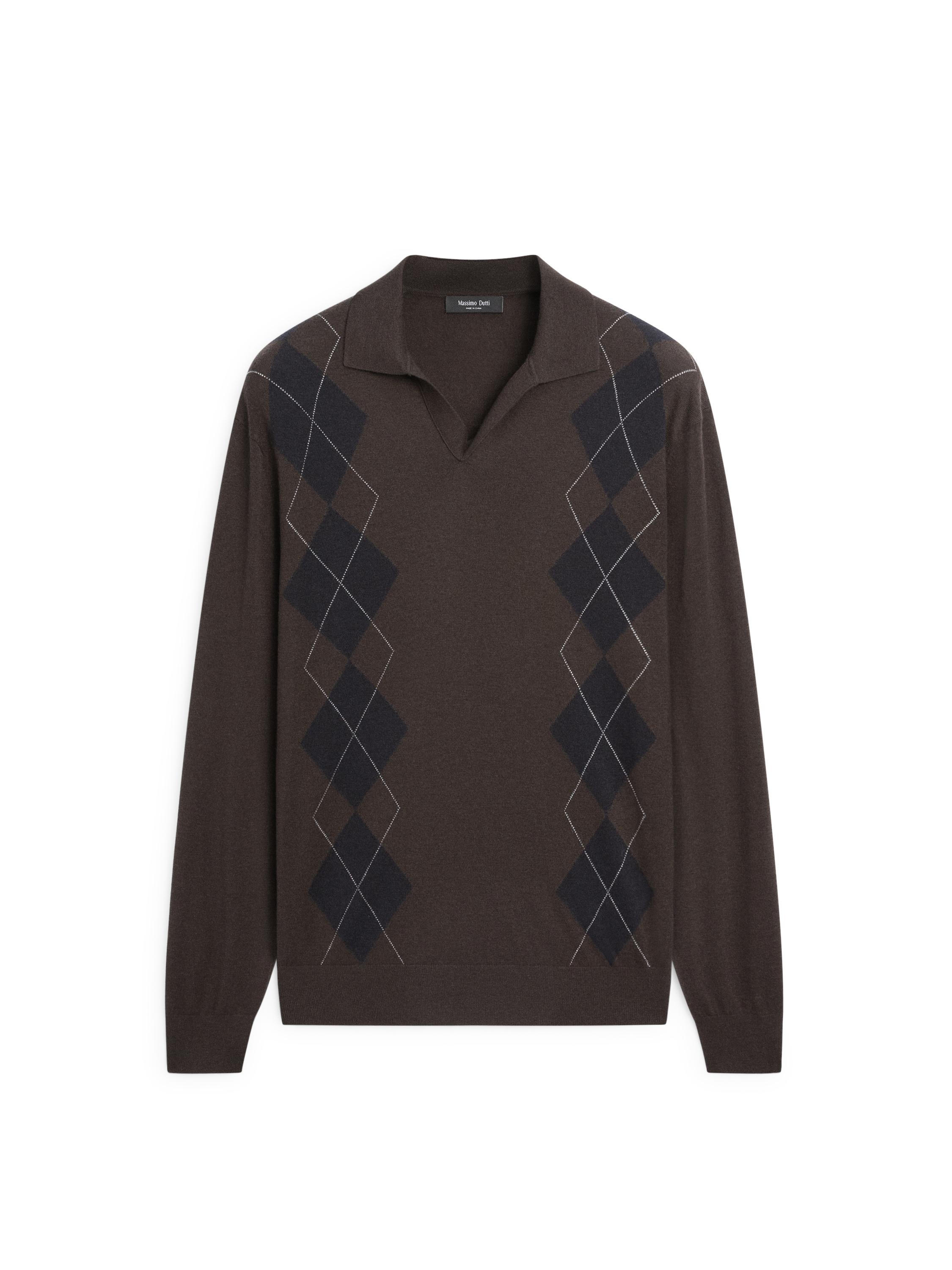 Wool blend argyle knit polo sweater — BROWN