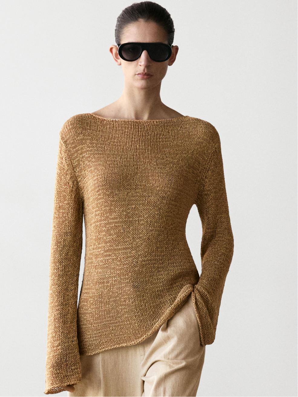 Cotton blend knit boat neck sweater — OCHRE