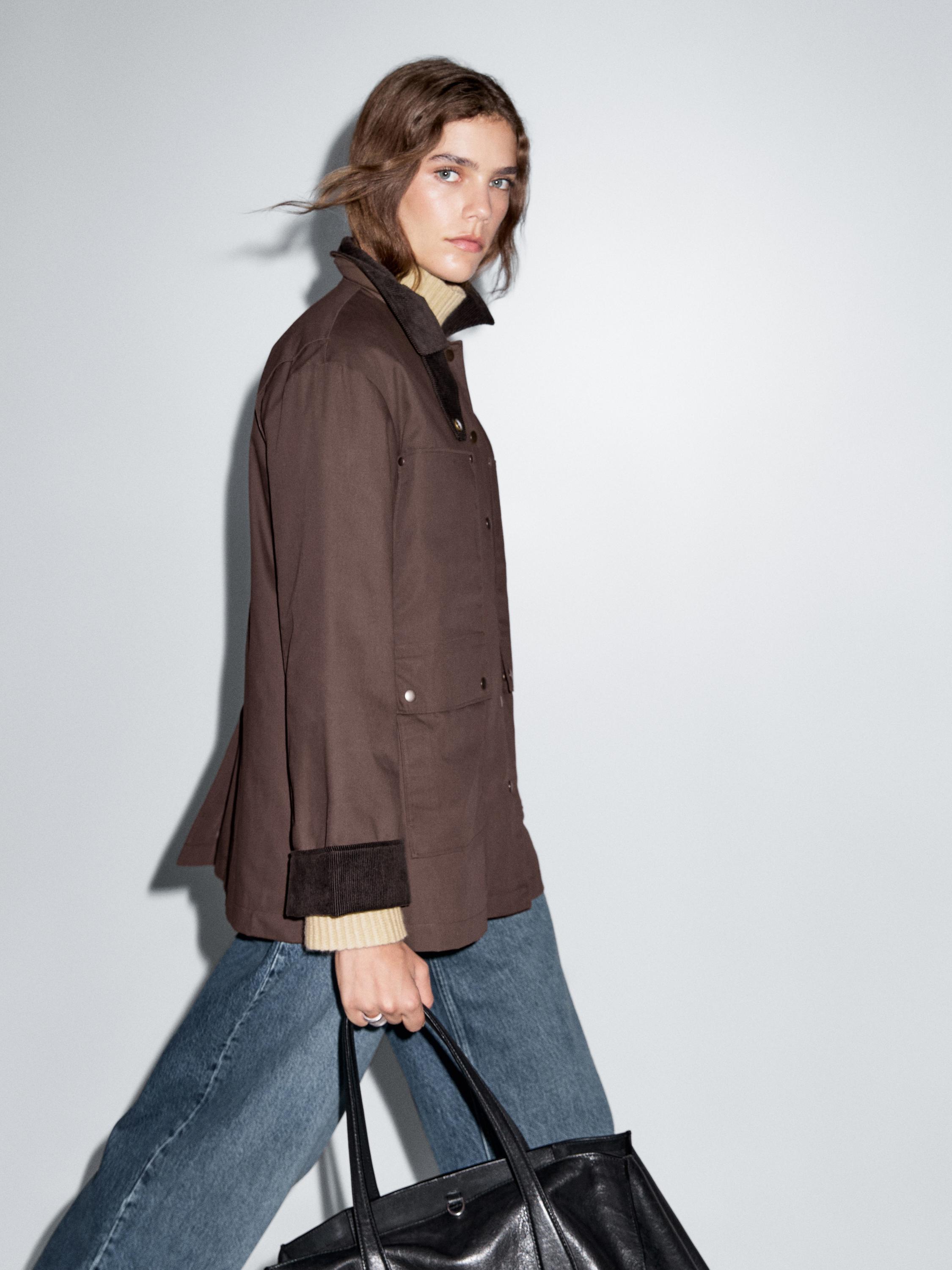 Waxed parka with corduroy detail