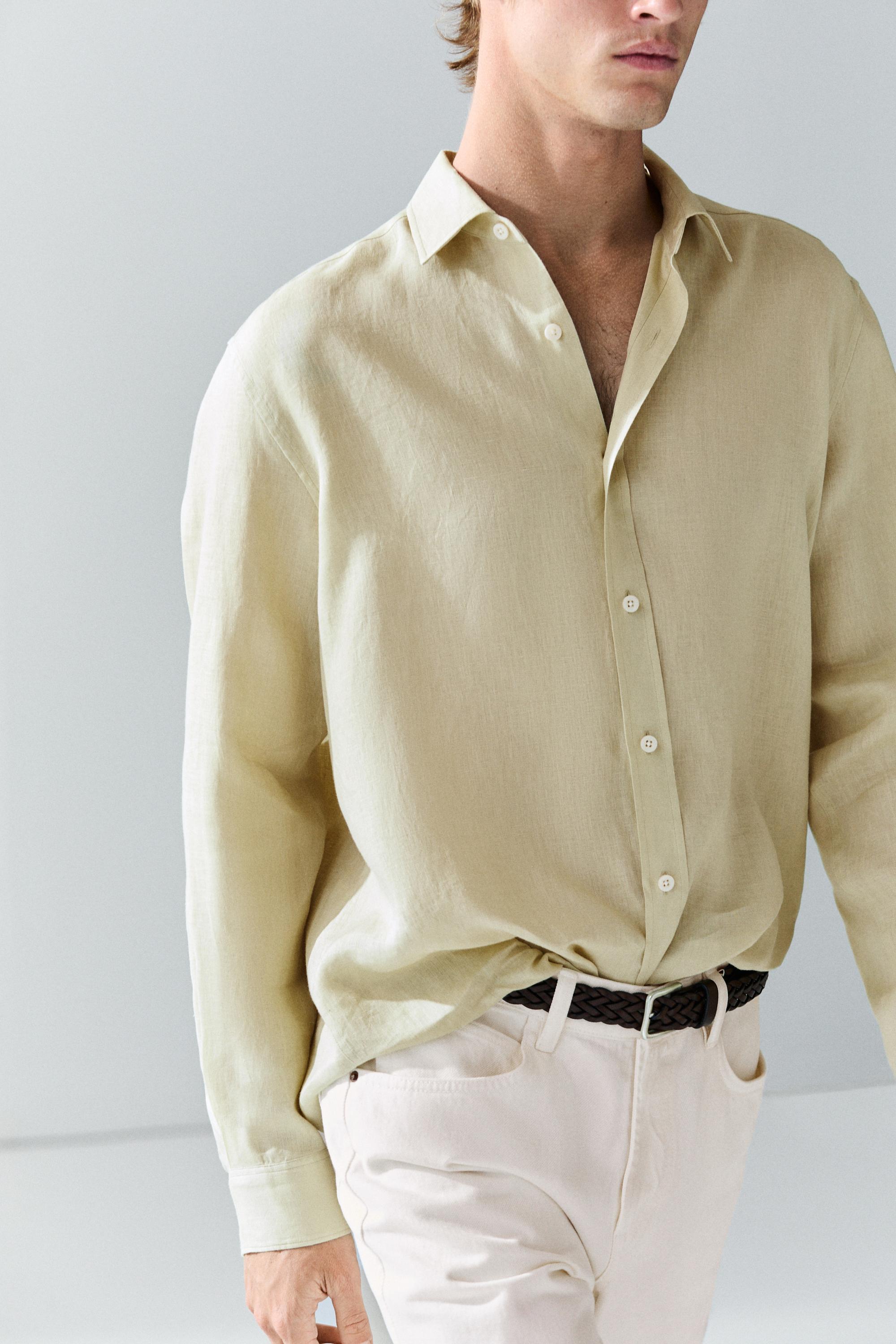 Slim fit 100% linen shirt — PALE GREEN